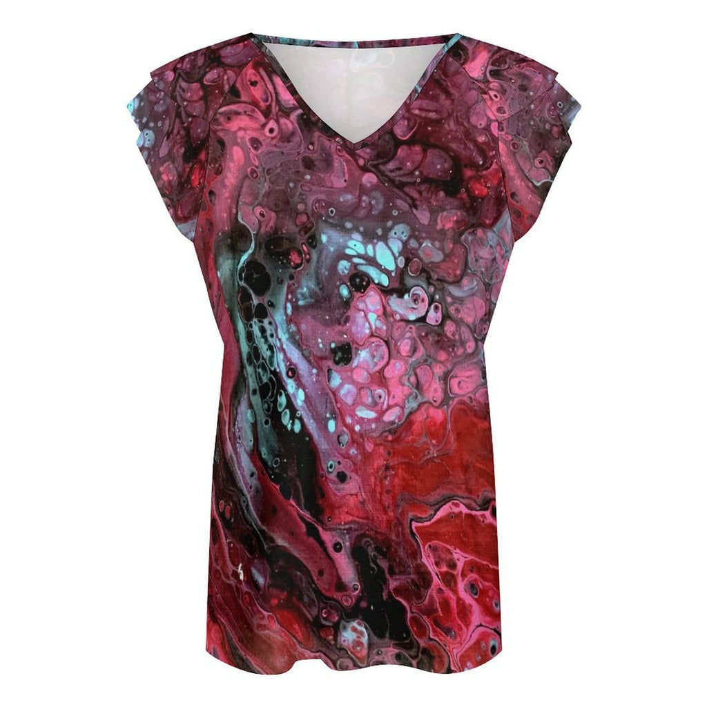 Deep Magenta Women's Ruffle Sleeve V-Neck T-Shirt