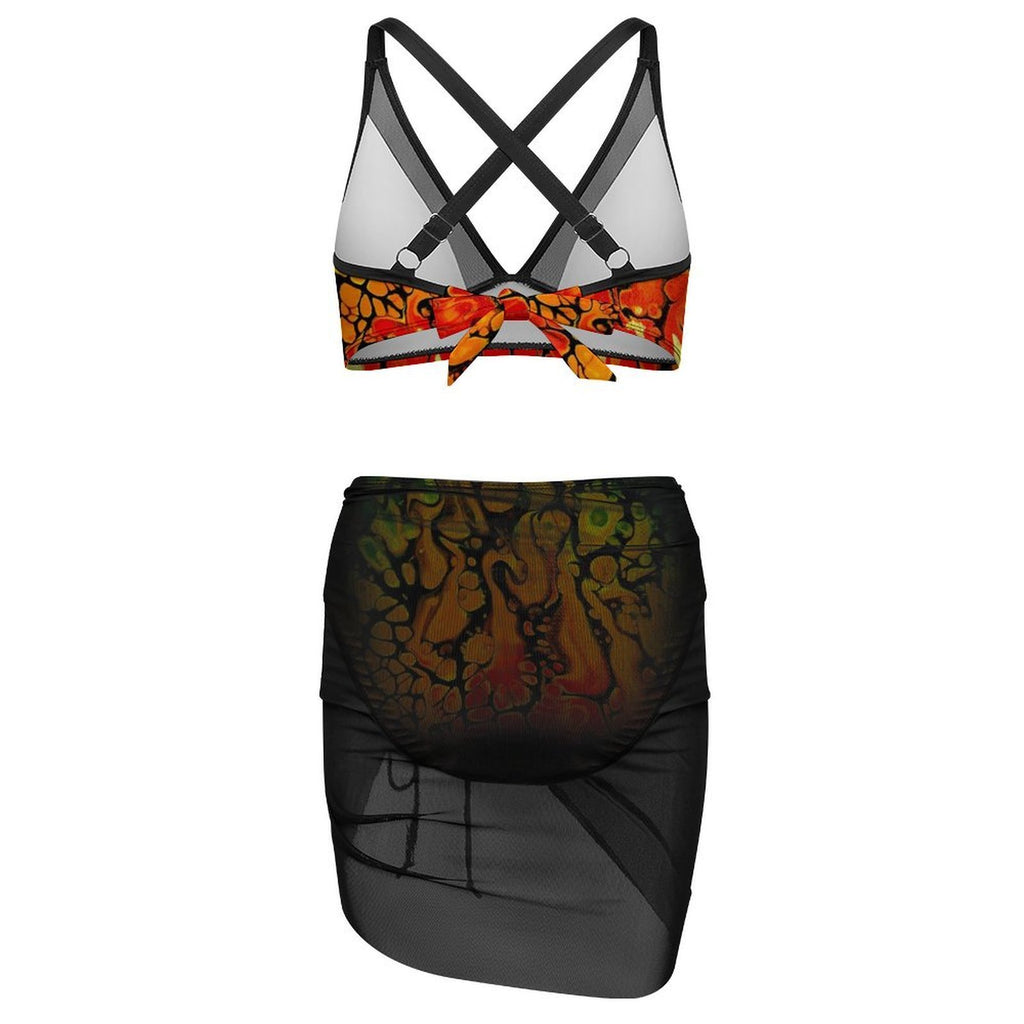 Fire - Design Women's Mesh Drawstring Skirt and Swimsuit Set