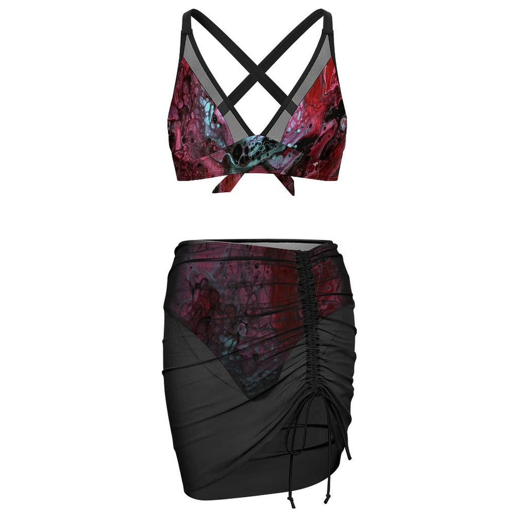 Deep Magenta - Women's Mesh Drawstring Skirt and Swimsuit Set