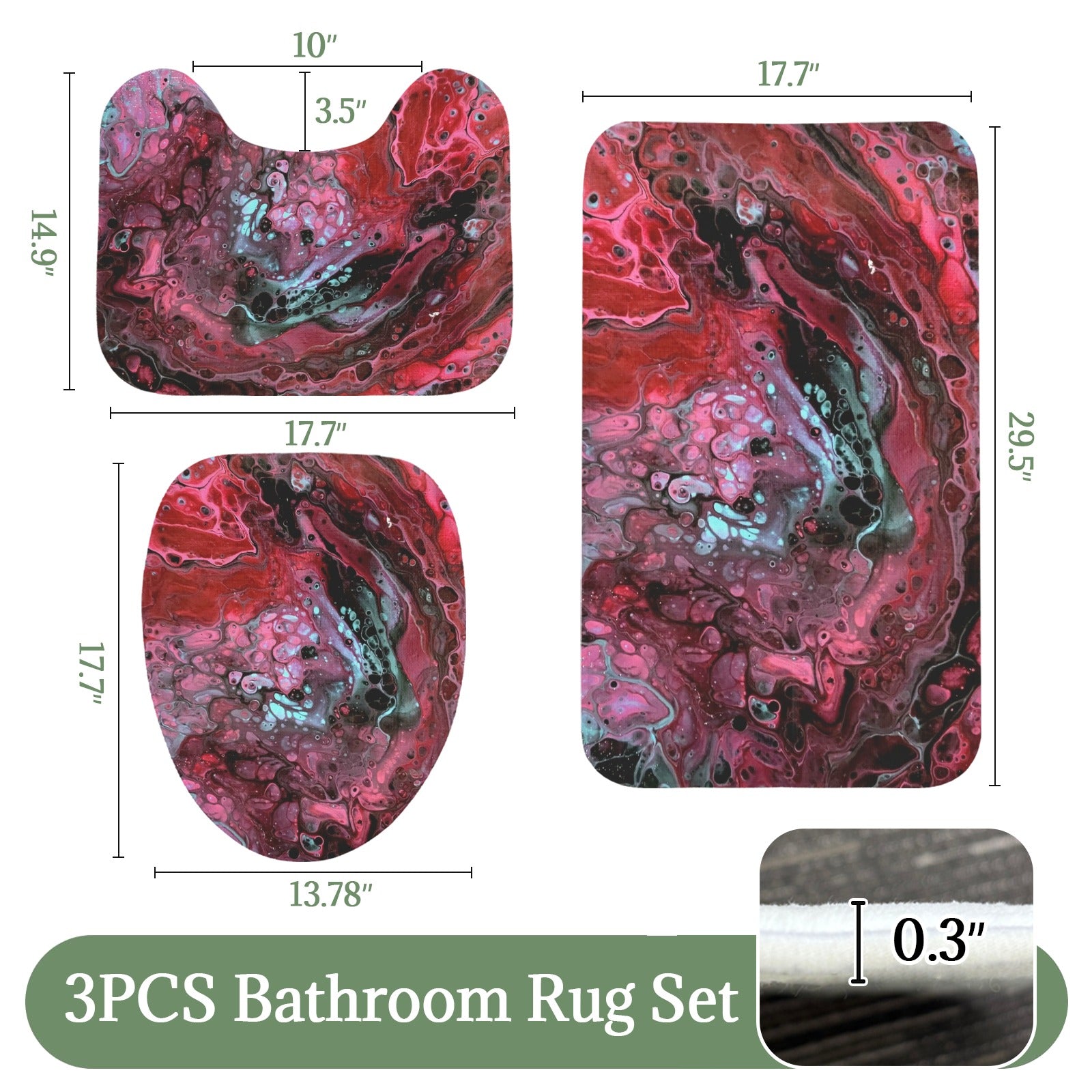 Deep Magenta 3-Piece Bathroom Rug Set