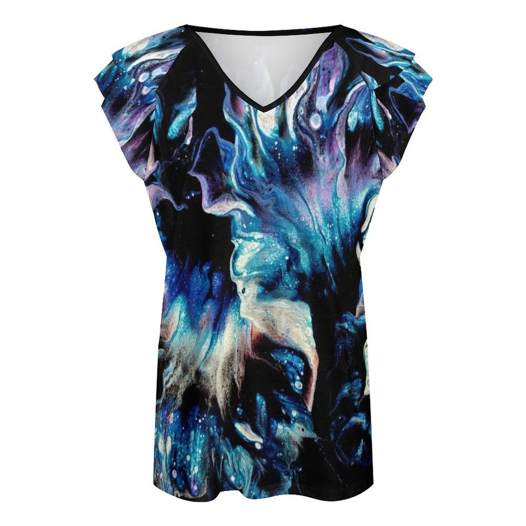 Teal Delight Women's Ruffle Sleeve V-Neck T-Shirt