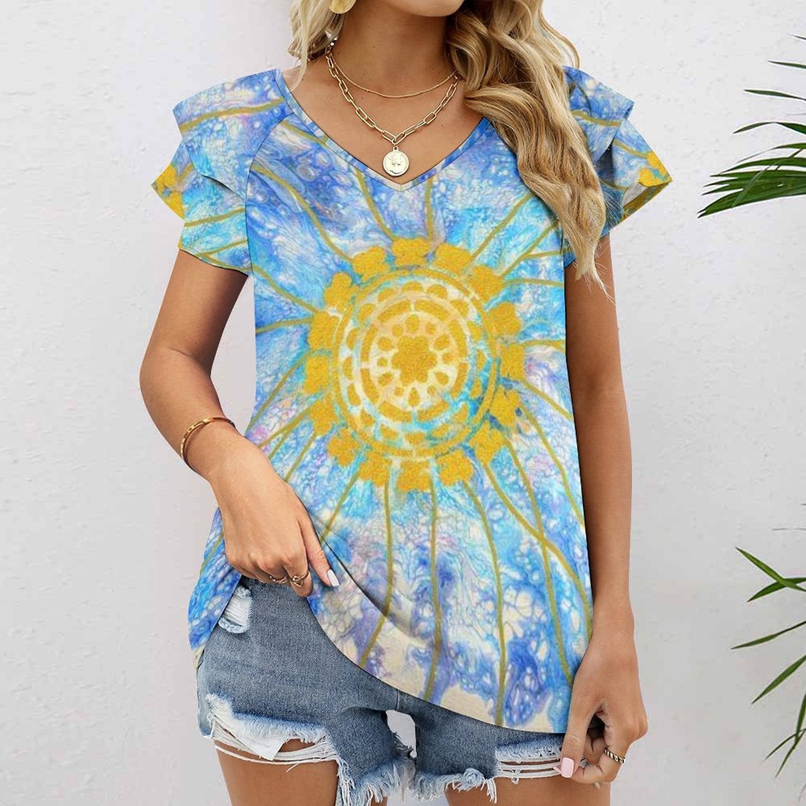 Serenity Women's Ruffle Sleeve V-Neck T-Shirt