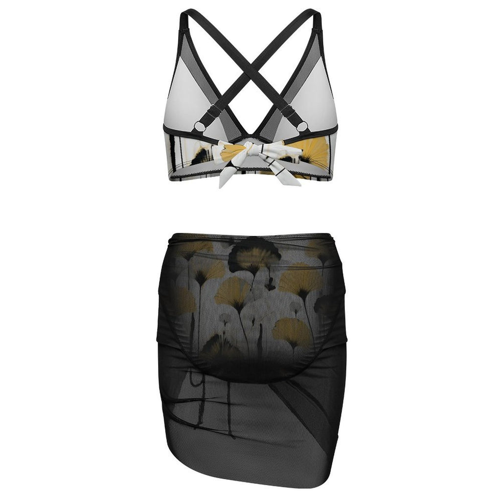 Golden Ginkgo - Design Women's Mesh Drawstring Skirt and Swimsuit Set