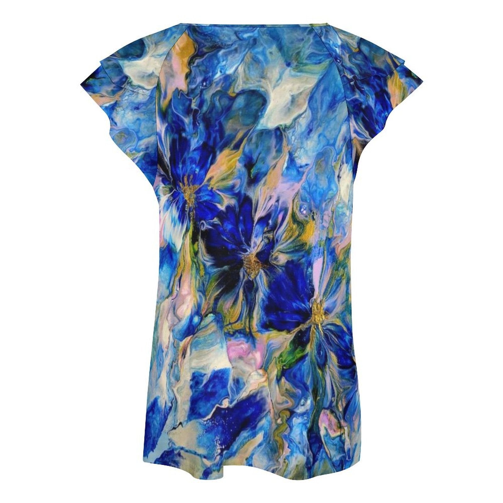 Royal Blue Garden Women's Ruffle Sleeve V-Neck T-Shirt