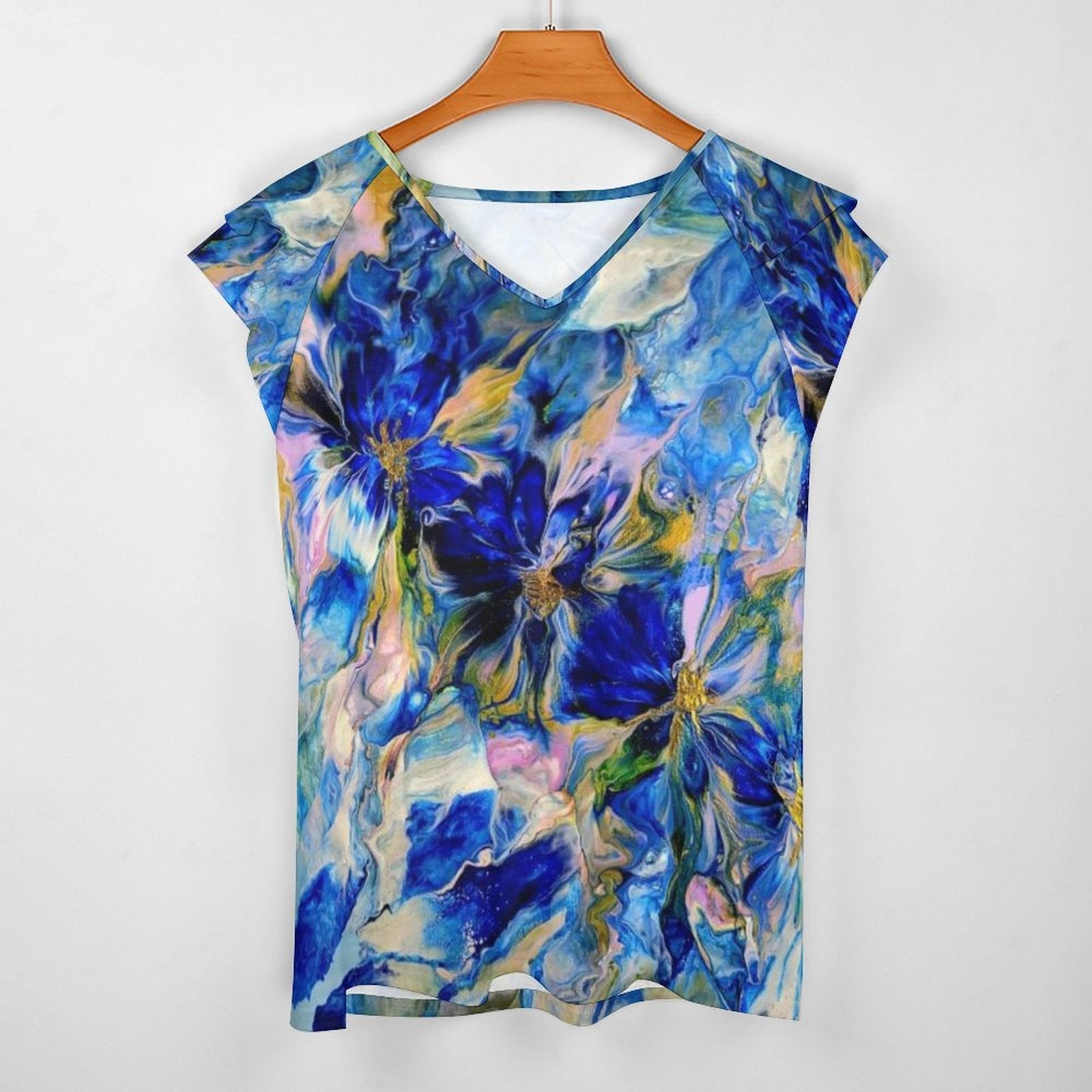Royal Blue Garden Women's Ruffle Sleeve V-Neck T-Shirt
