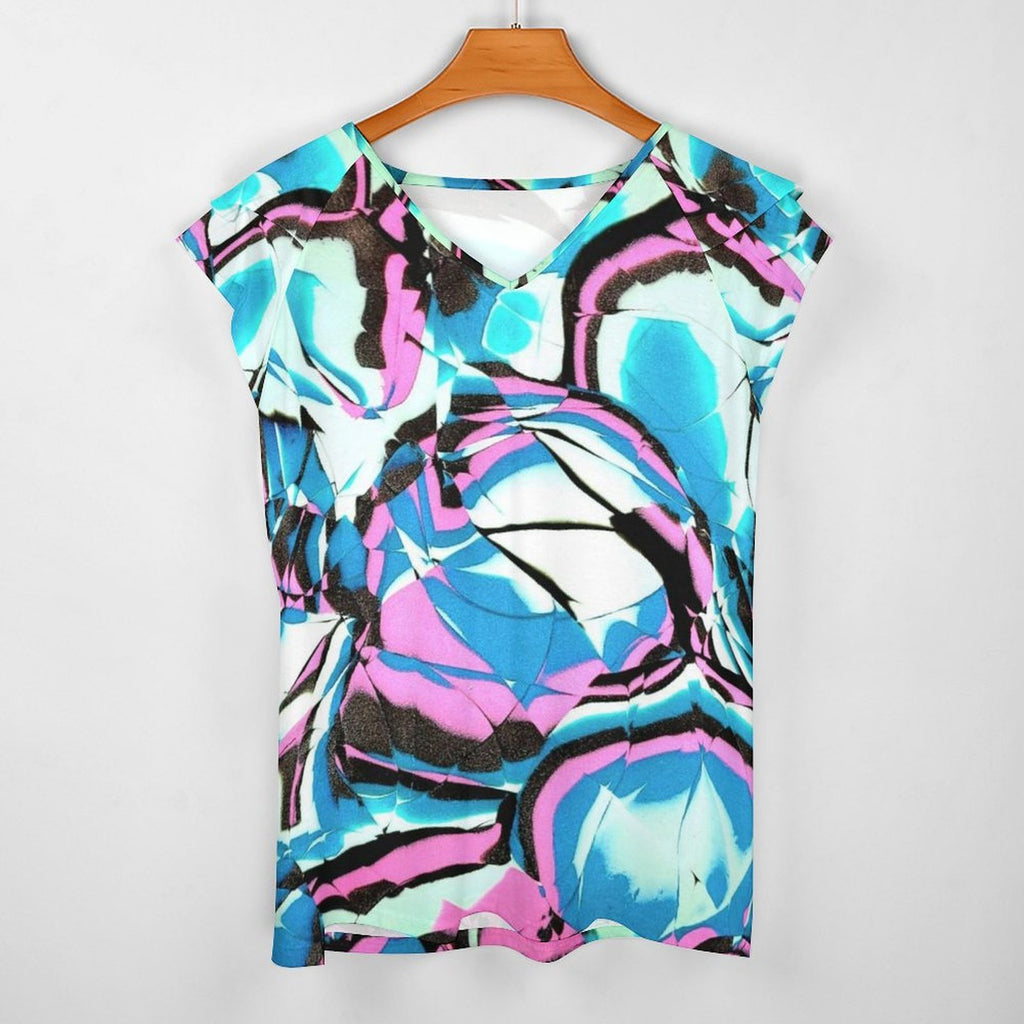 Glow Party Women's Ruffle Sleeve V-Neck T-Shirt