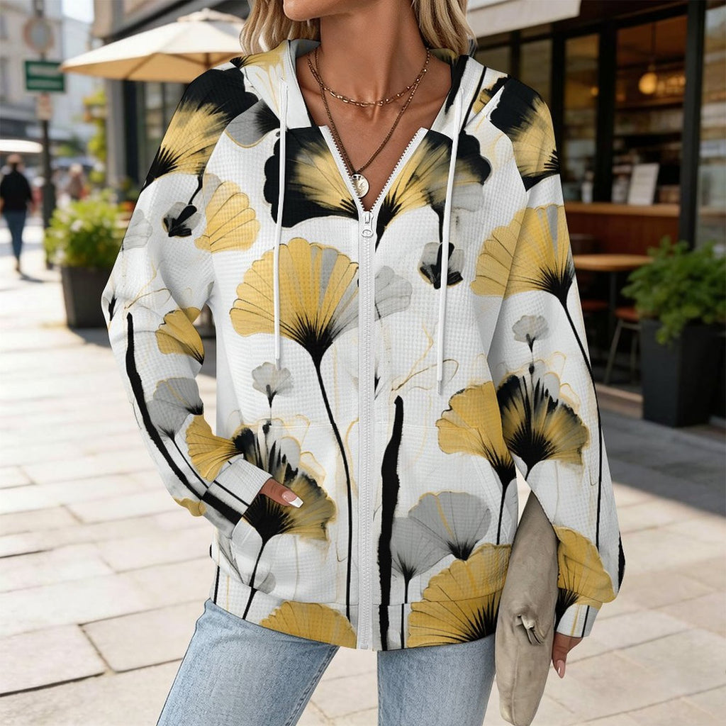 Golden Ginkgo - Women's Full-zip Hoodie with Drawstring