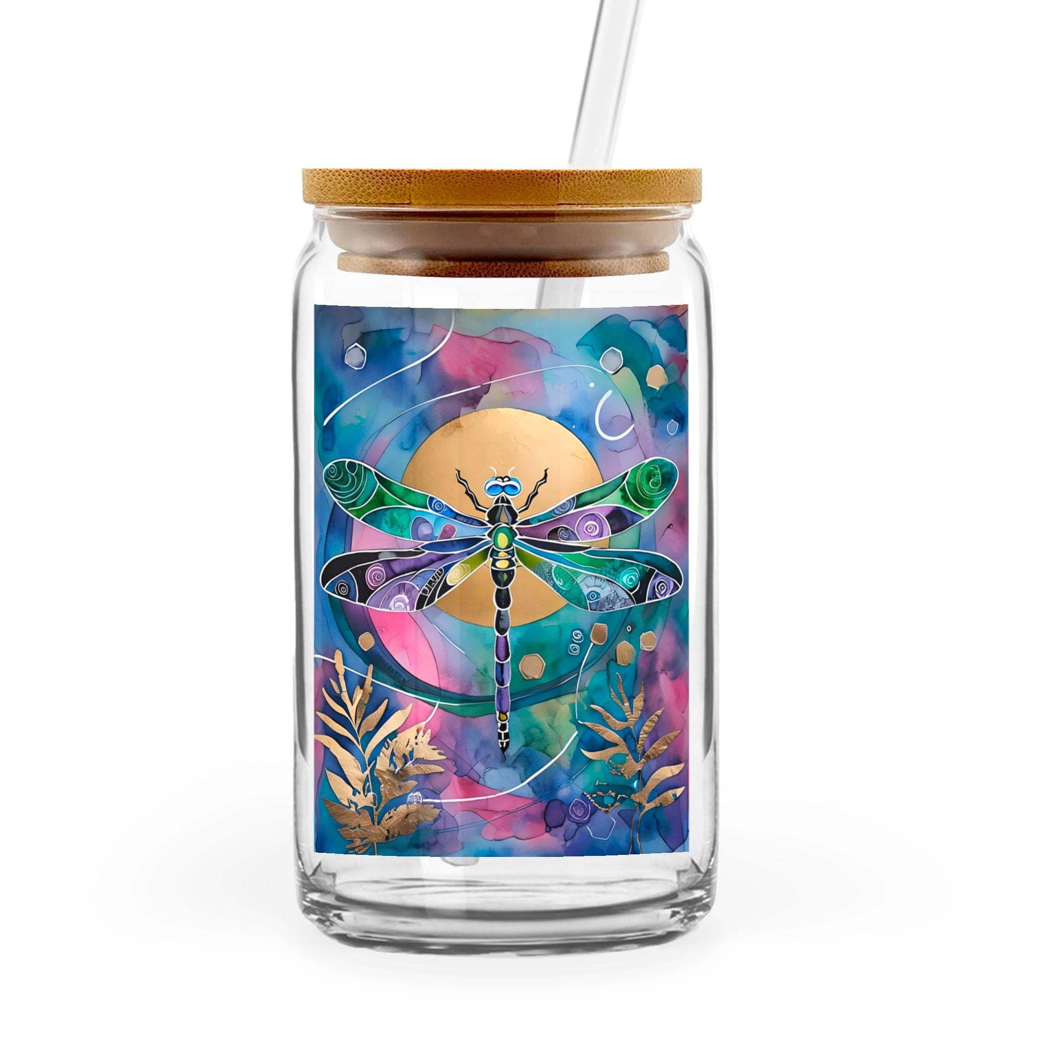 Dragonfly Sun - 16oz Glass Can with Bamboo Lid & Straw