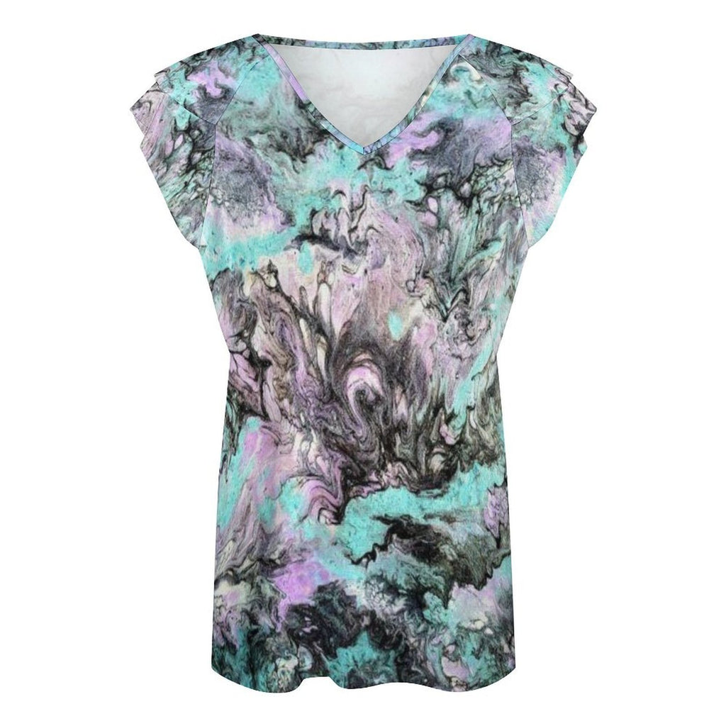Turquoise Splash Women's Ruffle Sleeve V-Neck T-Shirt