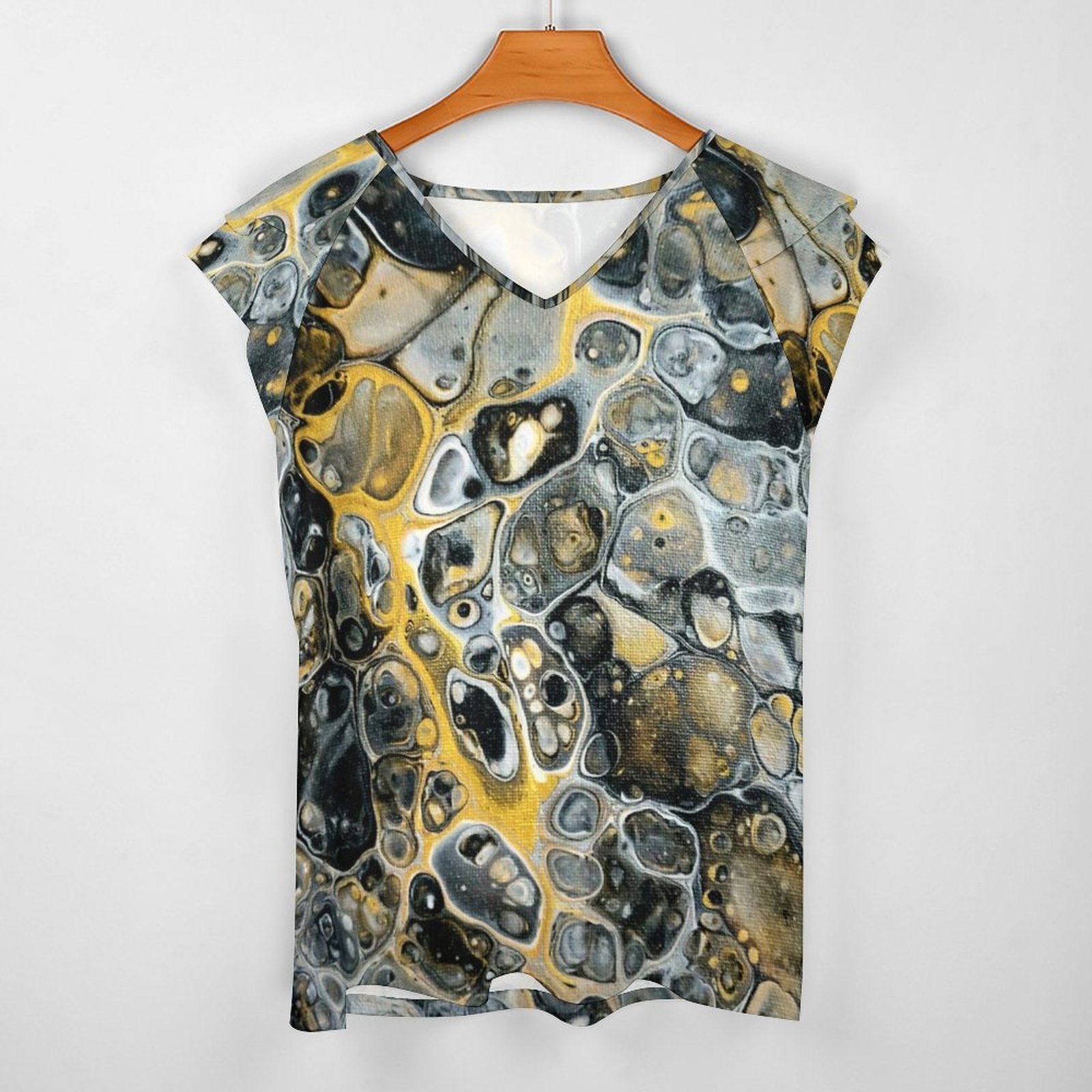 Stone Art Women's Ruffle Sleeve V-Neck T-Shirt