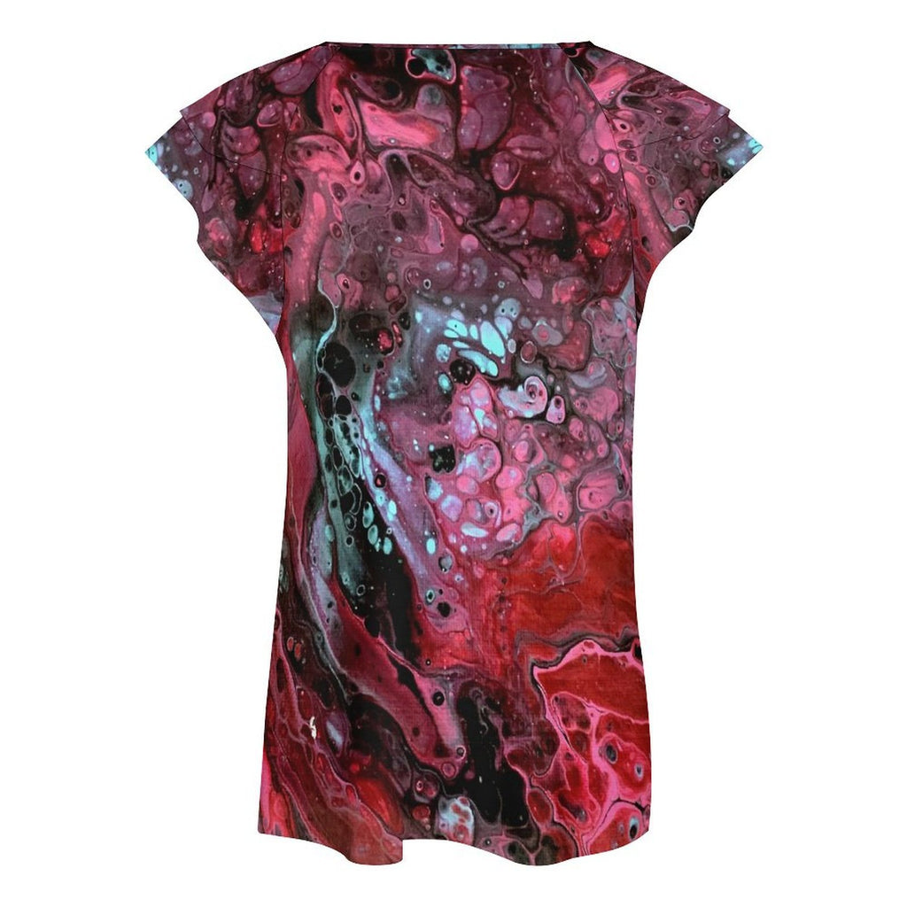Deep Magenta Women's Ruffle Sleeve V-Neck T-Shirt