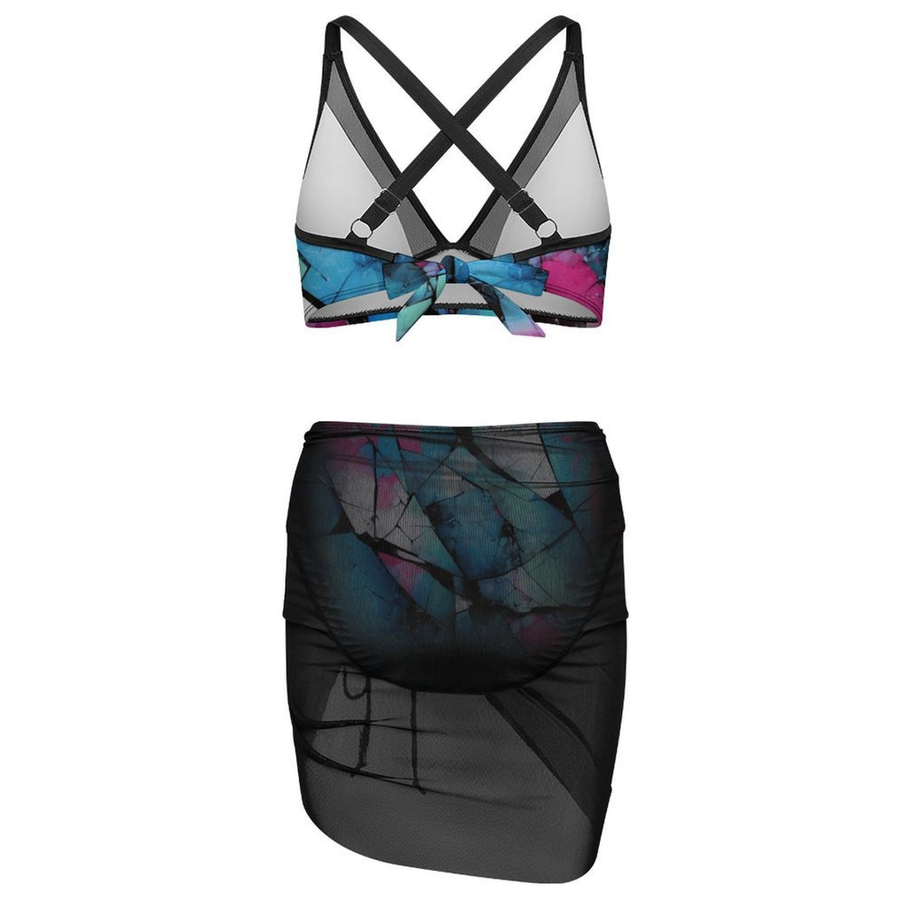 Mystical Mosaic Women's Mesh Drawstring Skirt and Swimsuit Set