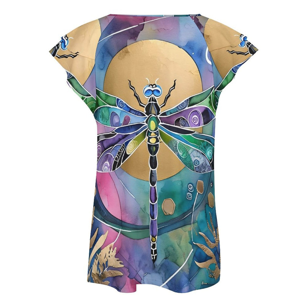 Dragonfly Sun Women's Ruffle Sleeve V-Neck T-Shirt