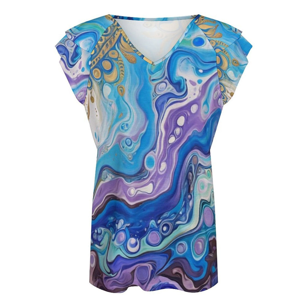 Mandala Sun Women's Ruffle Sleeve V-Neck T-Shirt