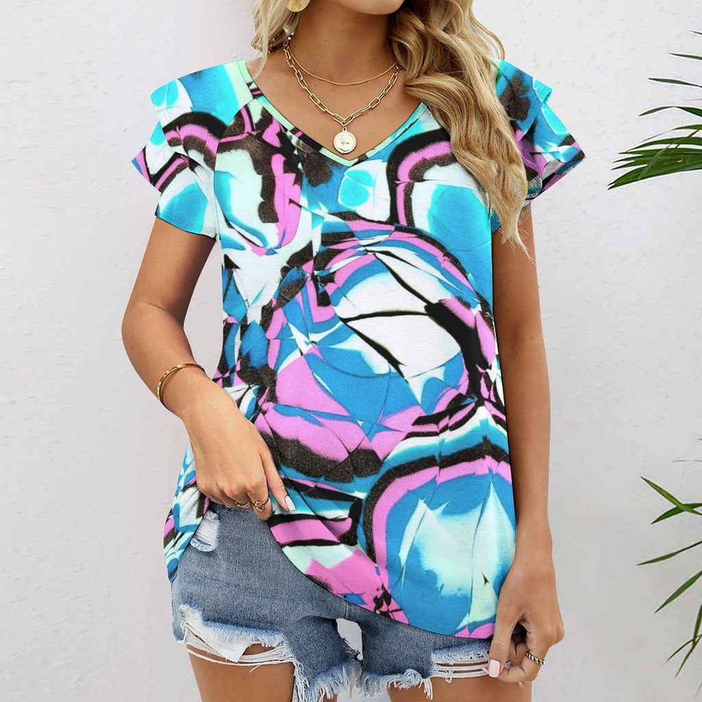 Glow Party Women's Ruffle Sleeve V-Neck T-Shirt