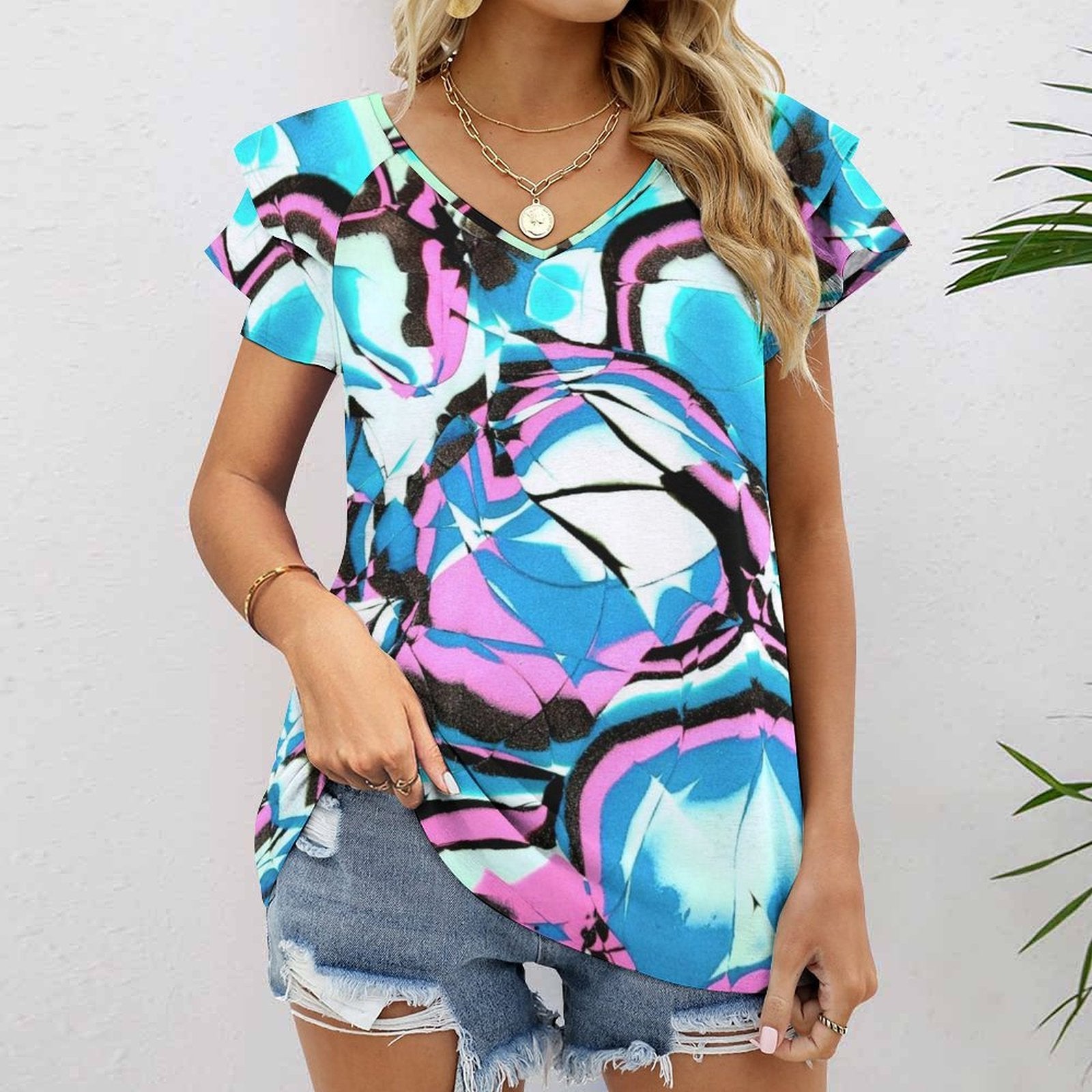 Glow Party Women's Ruffle Sleeve V-Neck T-Shirt