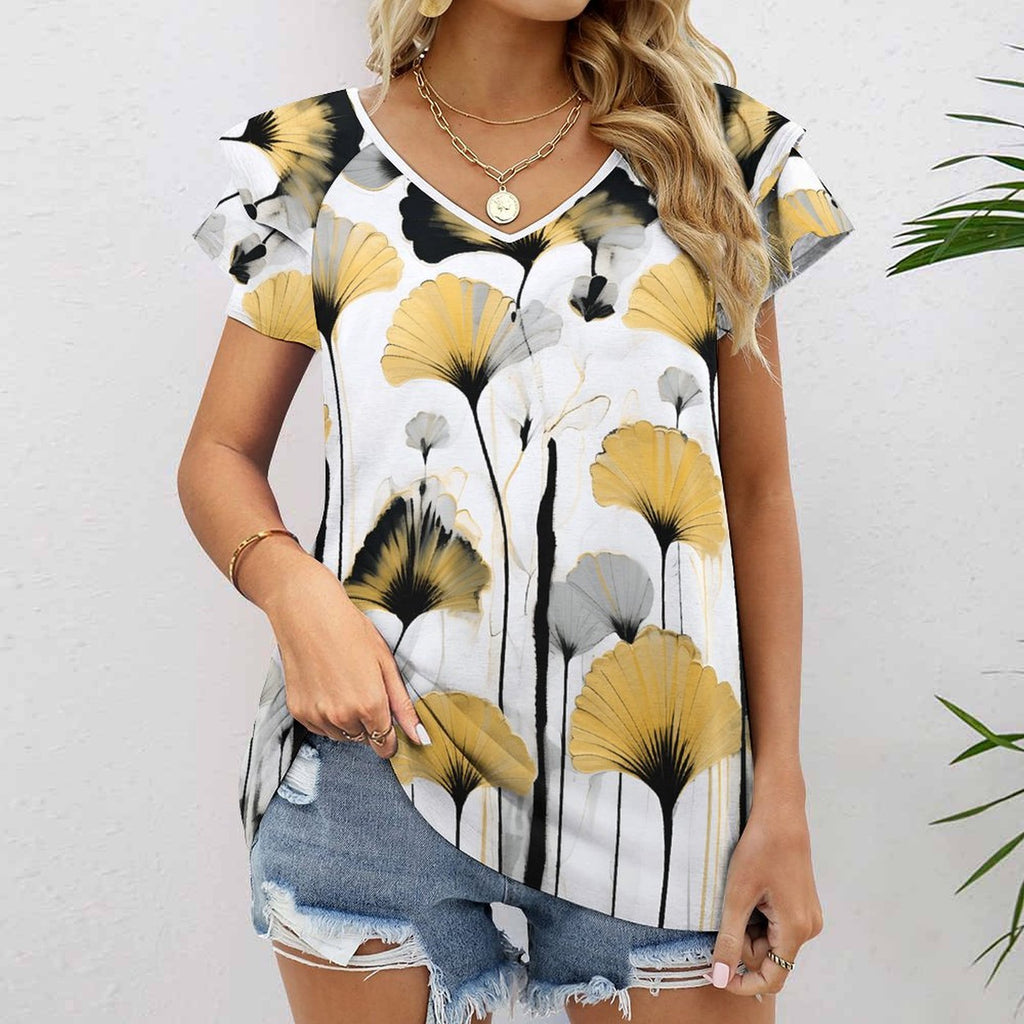 Golden Ginkgo Women's Ruffle Sleeve V-Neck T-Shirt