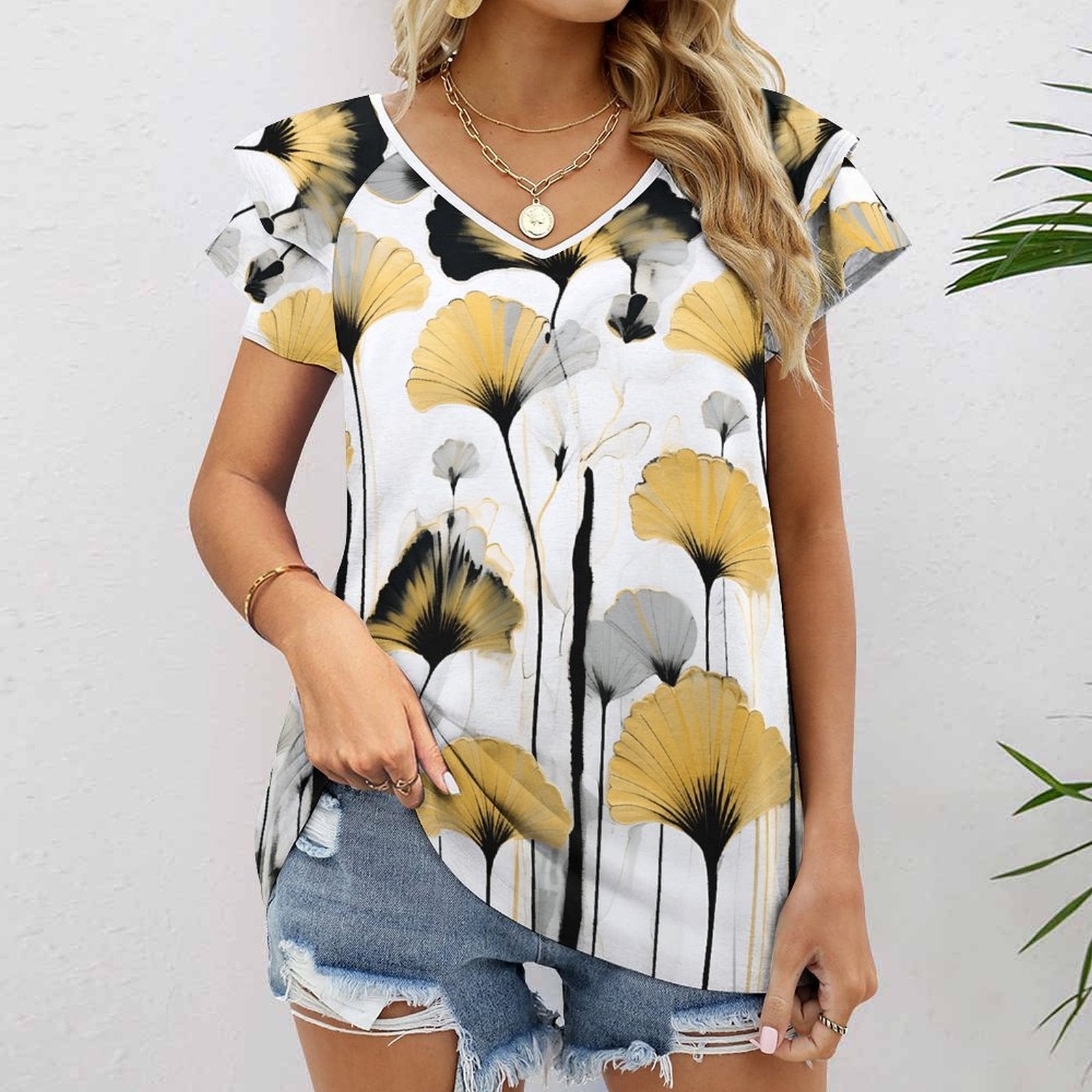 Golden Ginkgo Women's Ruffle Sleeve V-Neck T-Shirt