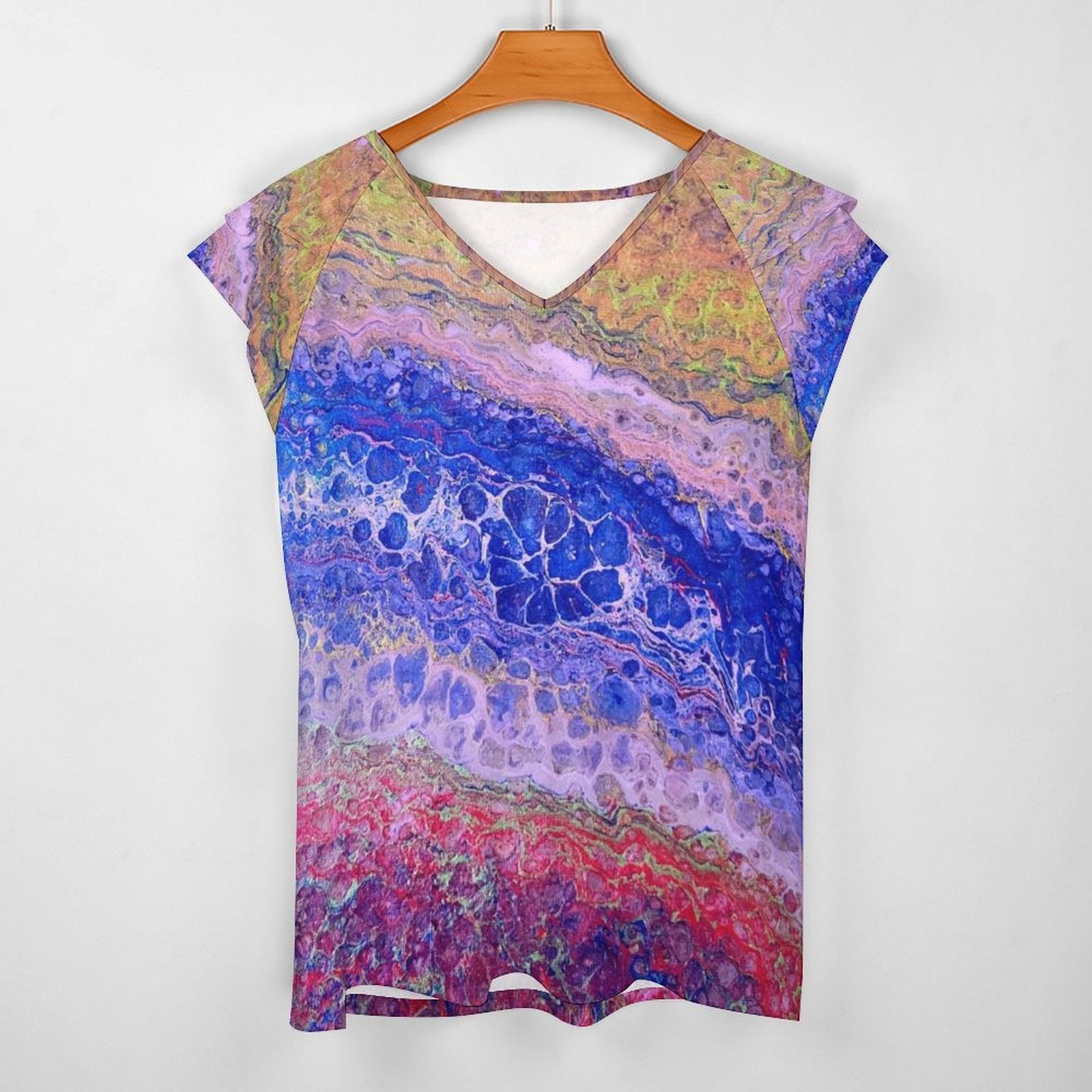Tie-Dye Delight Women's Ruffle Sleeve V-Neck T-Shirt