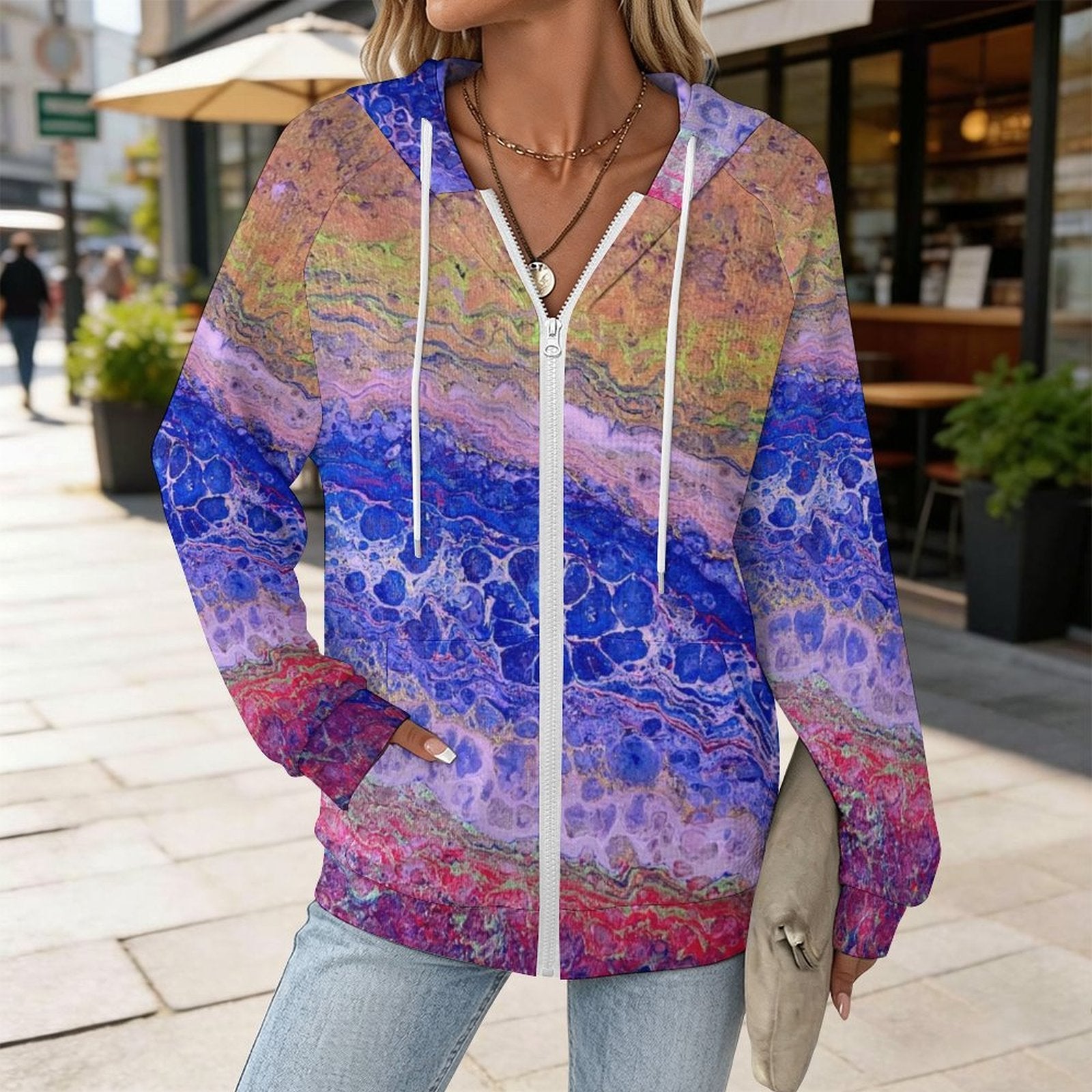 Tie Dye Delight - Women's Full-zip Hoodie with Drawstring