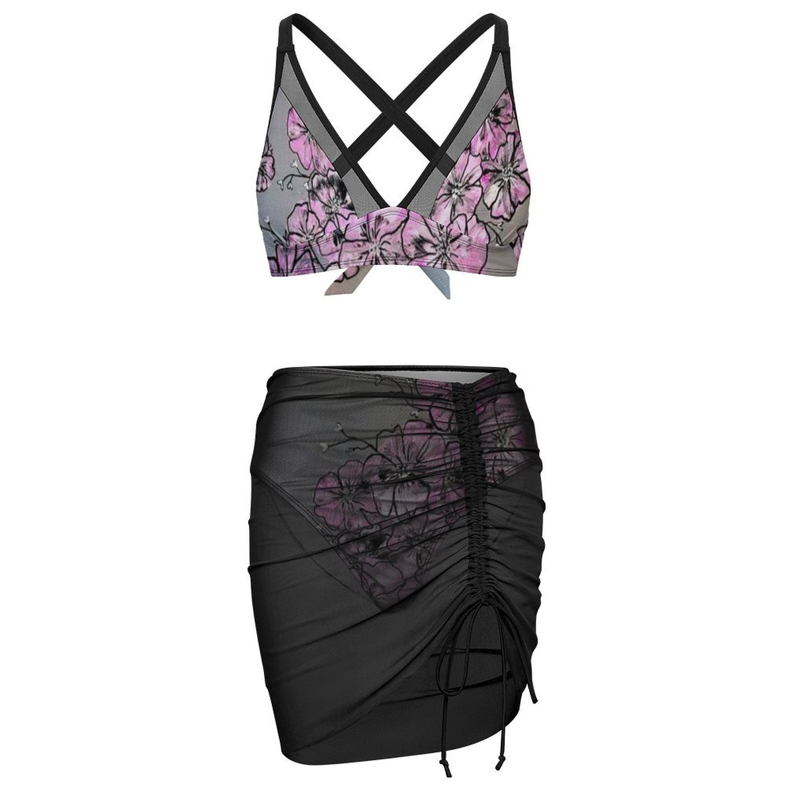 Garden of Hope - Design Women's Mesh Drawstring Skirt and Swimsuit Set