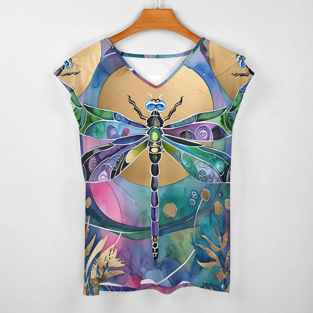 Dragonfly Sun Women's Ruffle Sleeve V-Neck T-Shirt