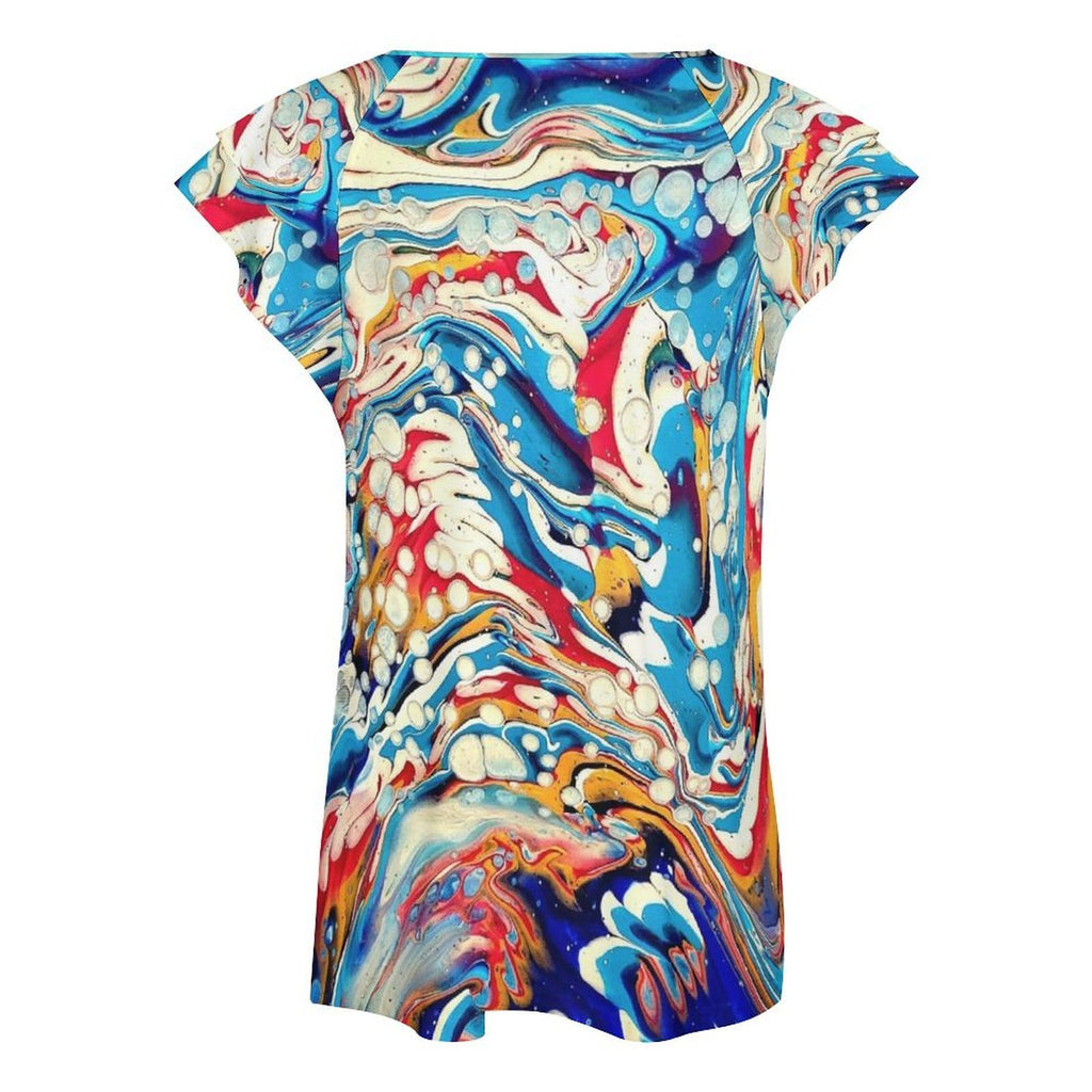 Color Me Happy Women's Ruffle Sleeve V-Neck T-Shirt