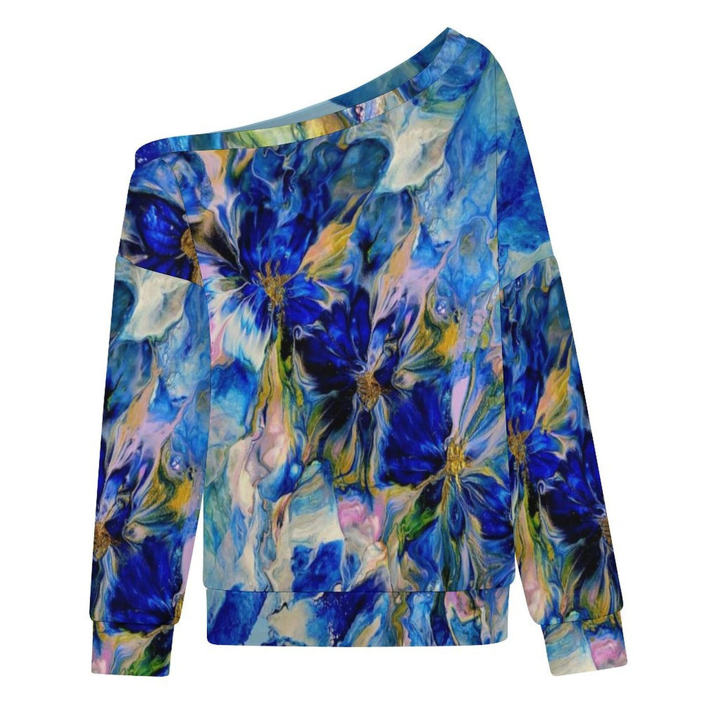 Royal Blue Garden Women's Off-shoulder Long Sleeve Sweatshirt