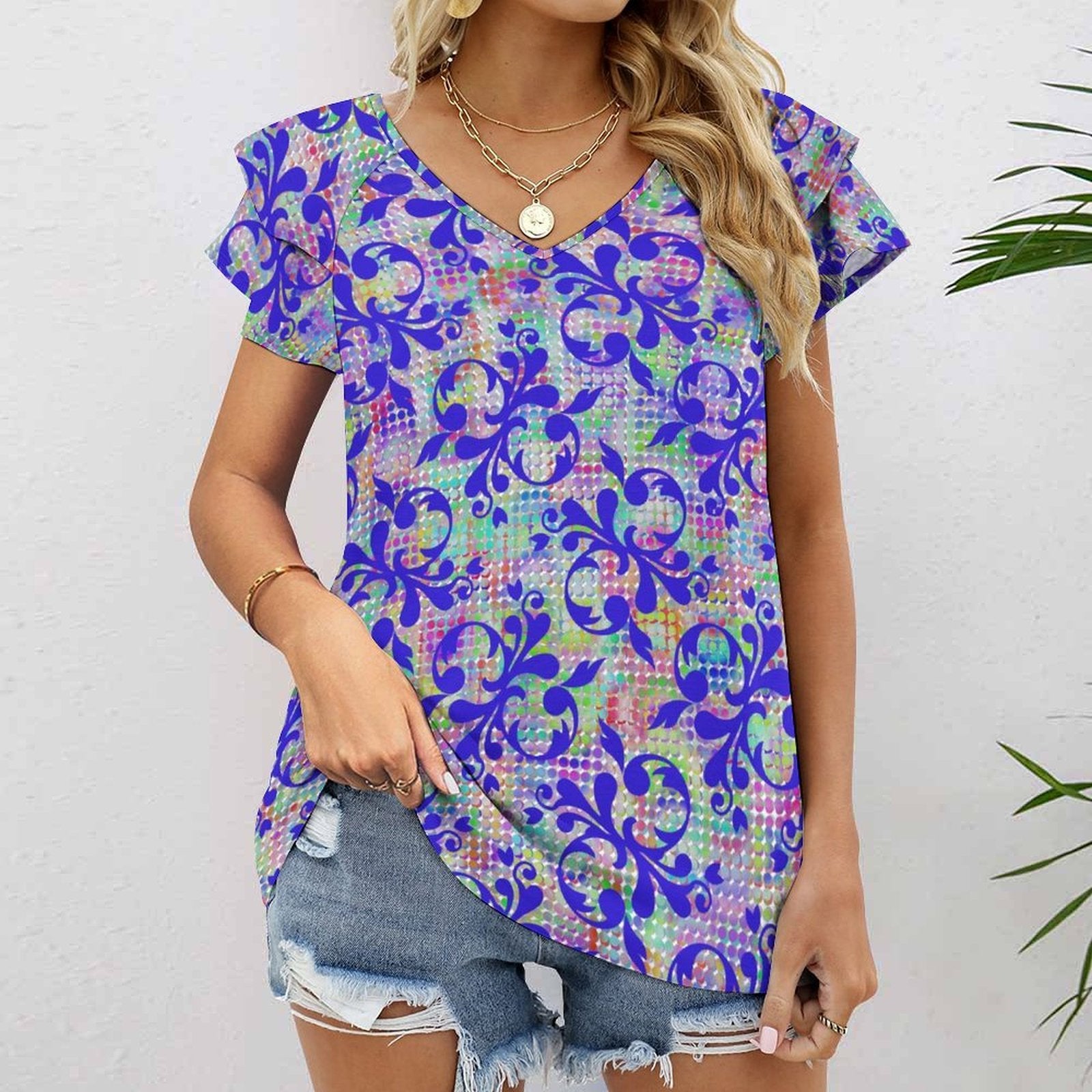 Fancy Filigree Women's Ruffle Sleeve V-Neck T-Shirt