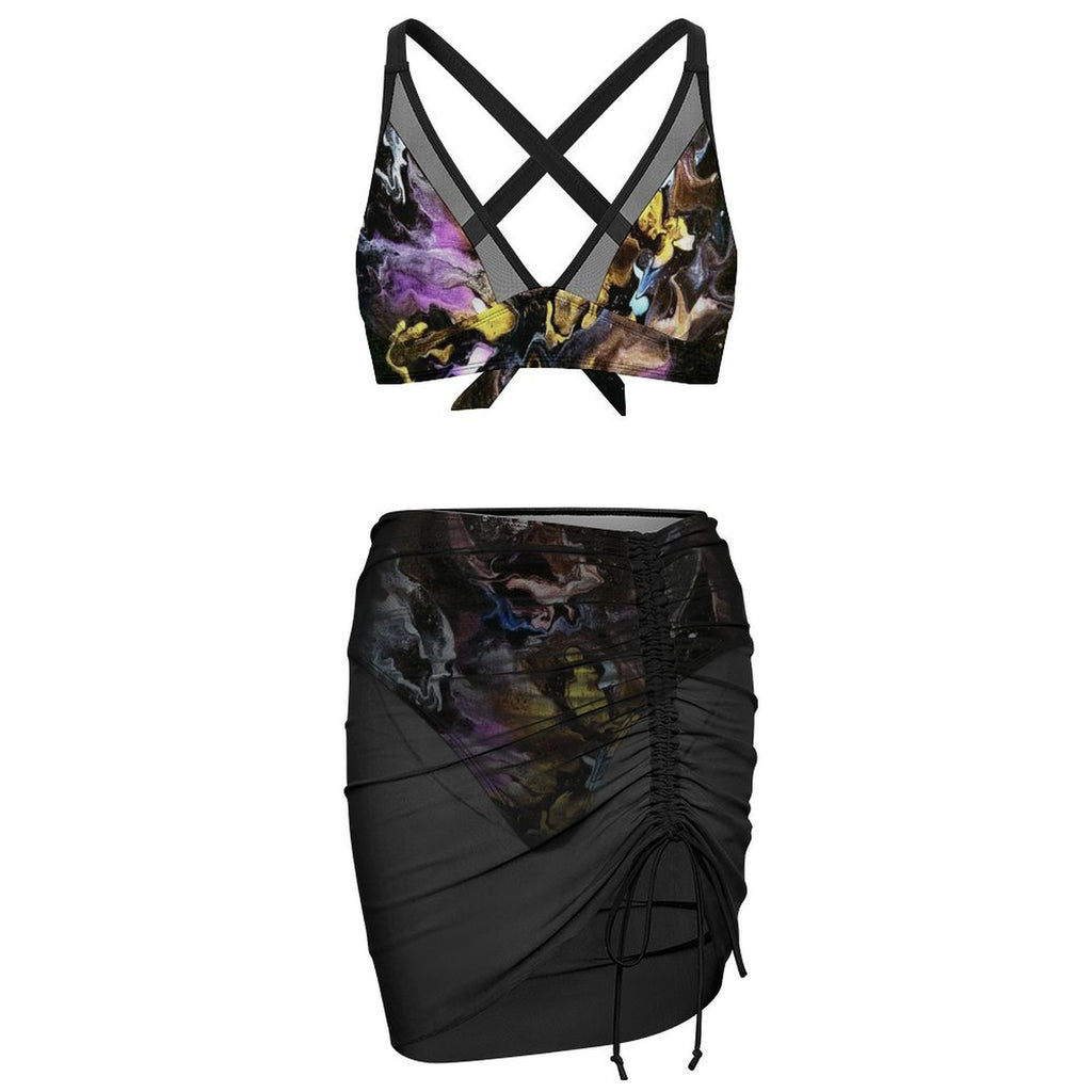 Seline - Design Women's Mesh Drawstring Skirt and Swimsuit Set