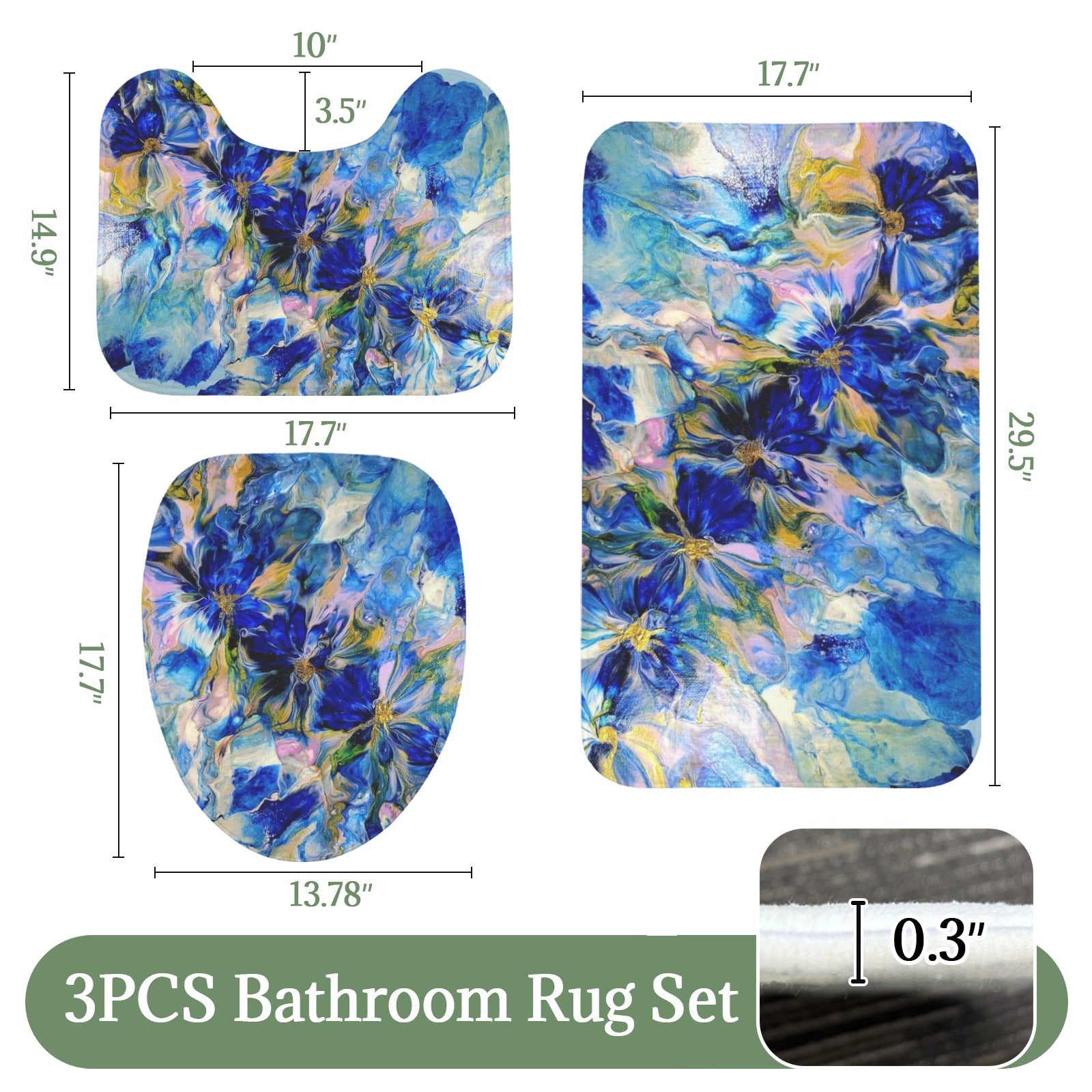 Royal Blue Garden 3-Piece Bathroom Rug Set