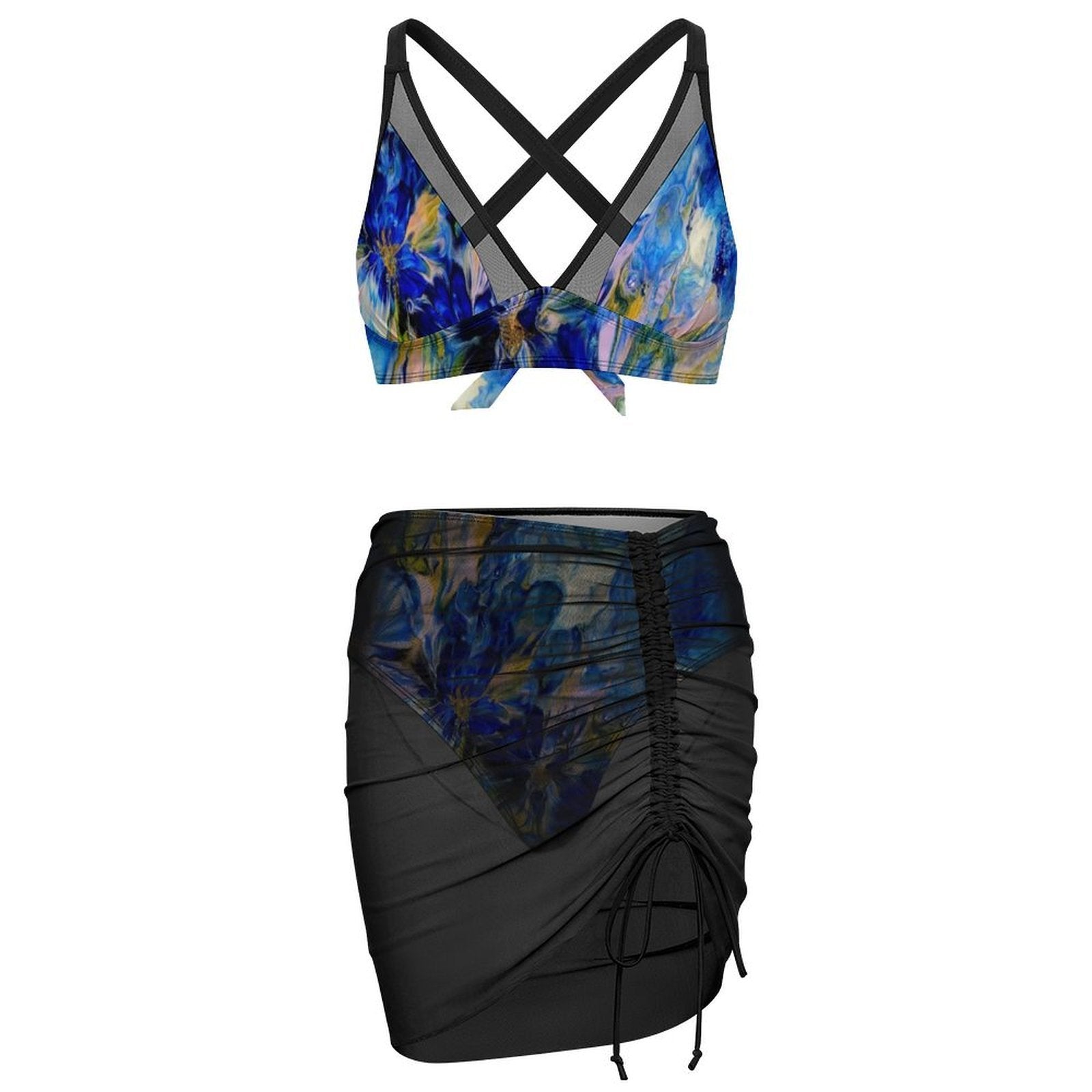 Royal Blue Garden - Design Women's Mesh Drawstring Skirt and Swimsuit Set