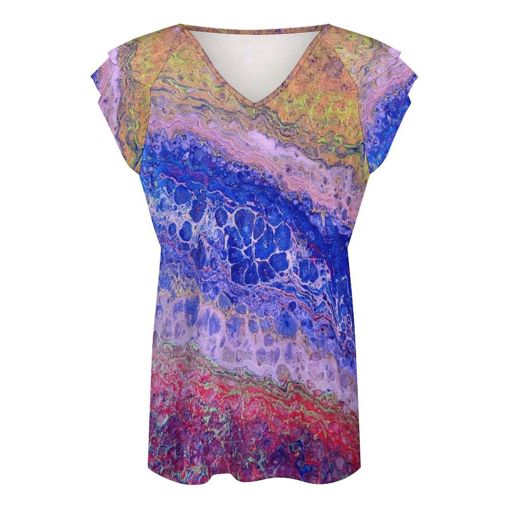 Tie-Dye Delight Women's Ruffle Sleeve V-Neck T-Shirt