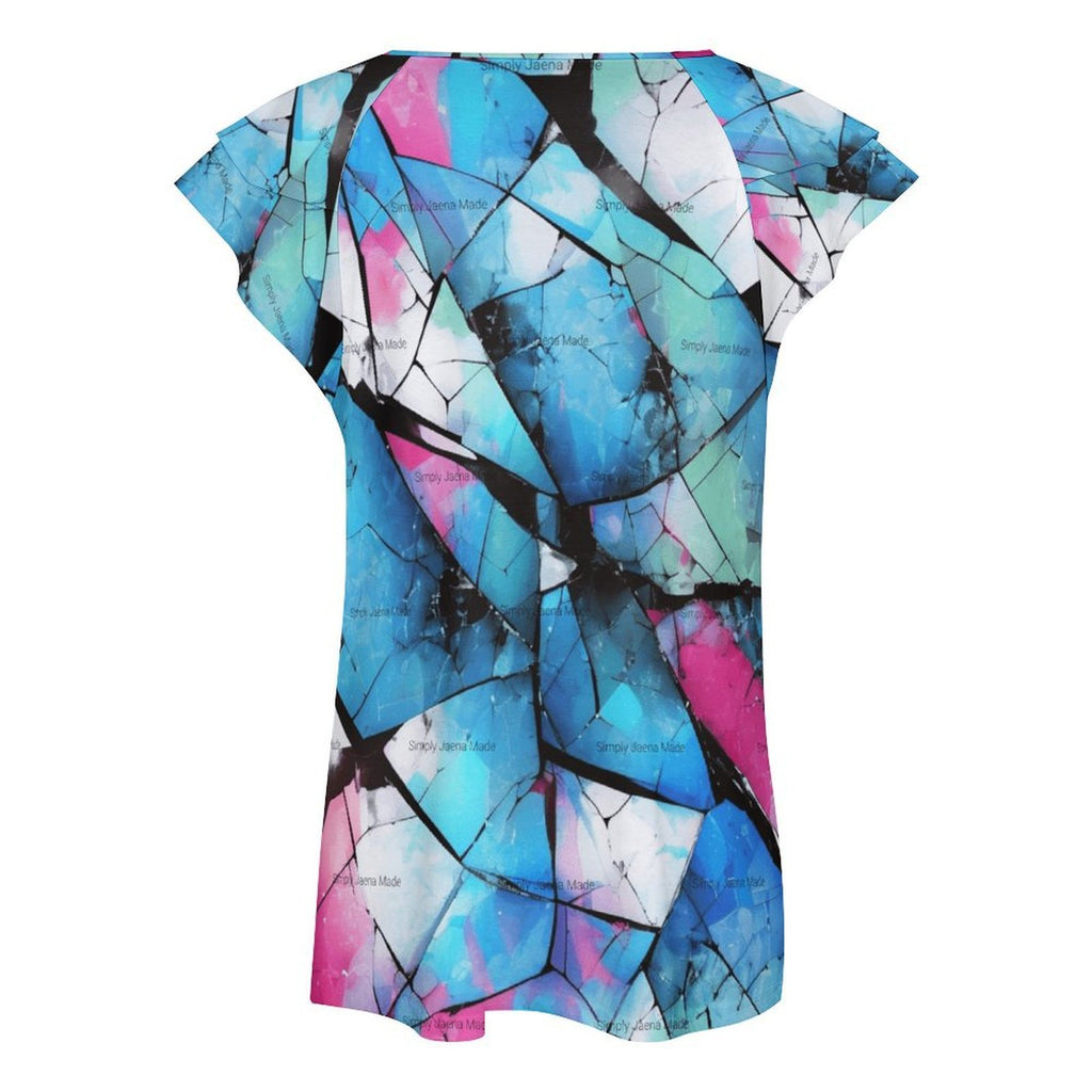 Mystical Mosaic Women's Ruffle Sleeve V-Neck T-Shirt