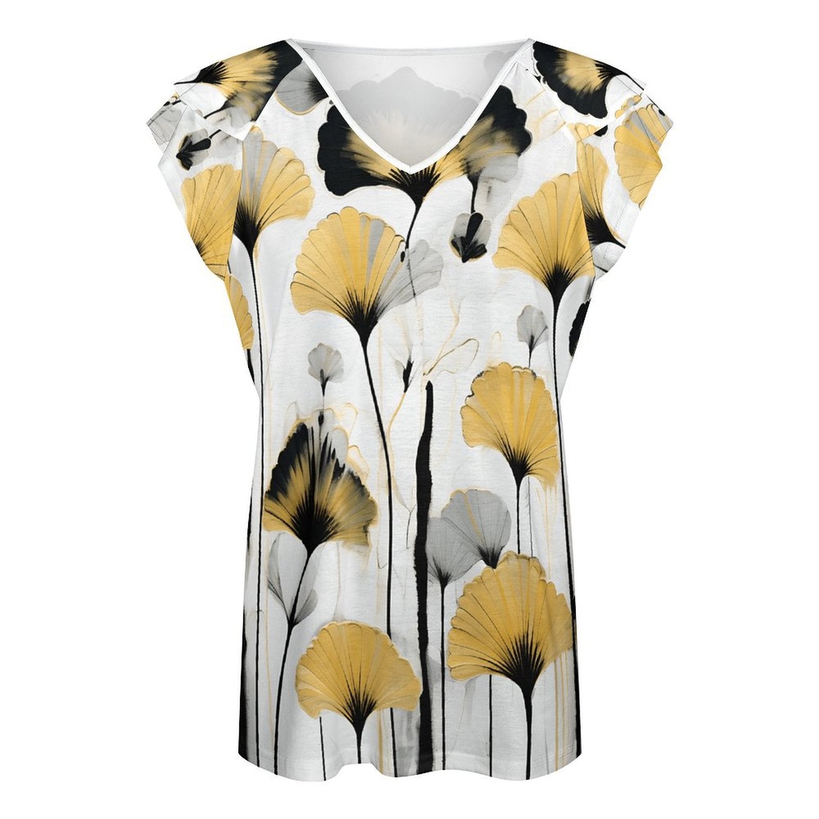 Golden Ginkgo Women's Ruffle Sleeve V-Neck T-Shirt