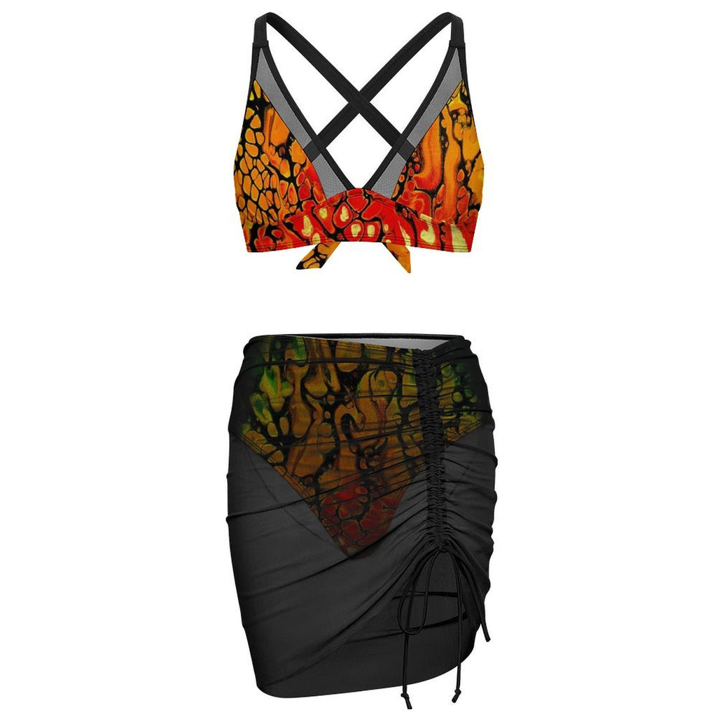 Fire - Design Women's Mesh Drawstring Skirt and Swimsuit Set