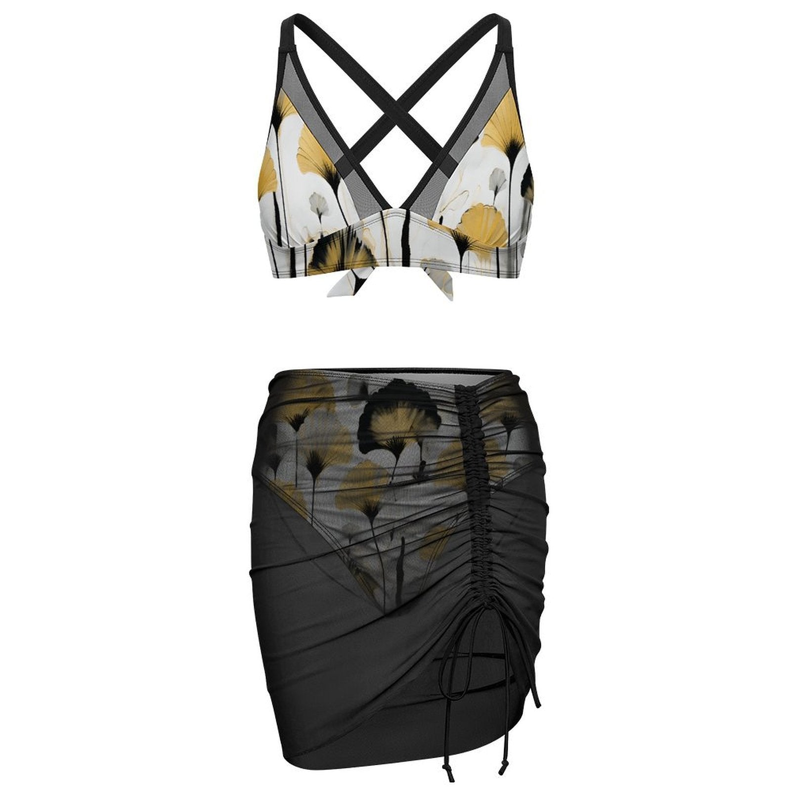 Golden Ginkgo - Design Women's Mesh Drawstring Skirt and Swimsuit Set