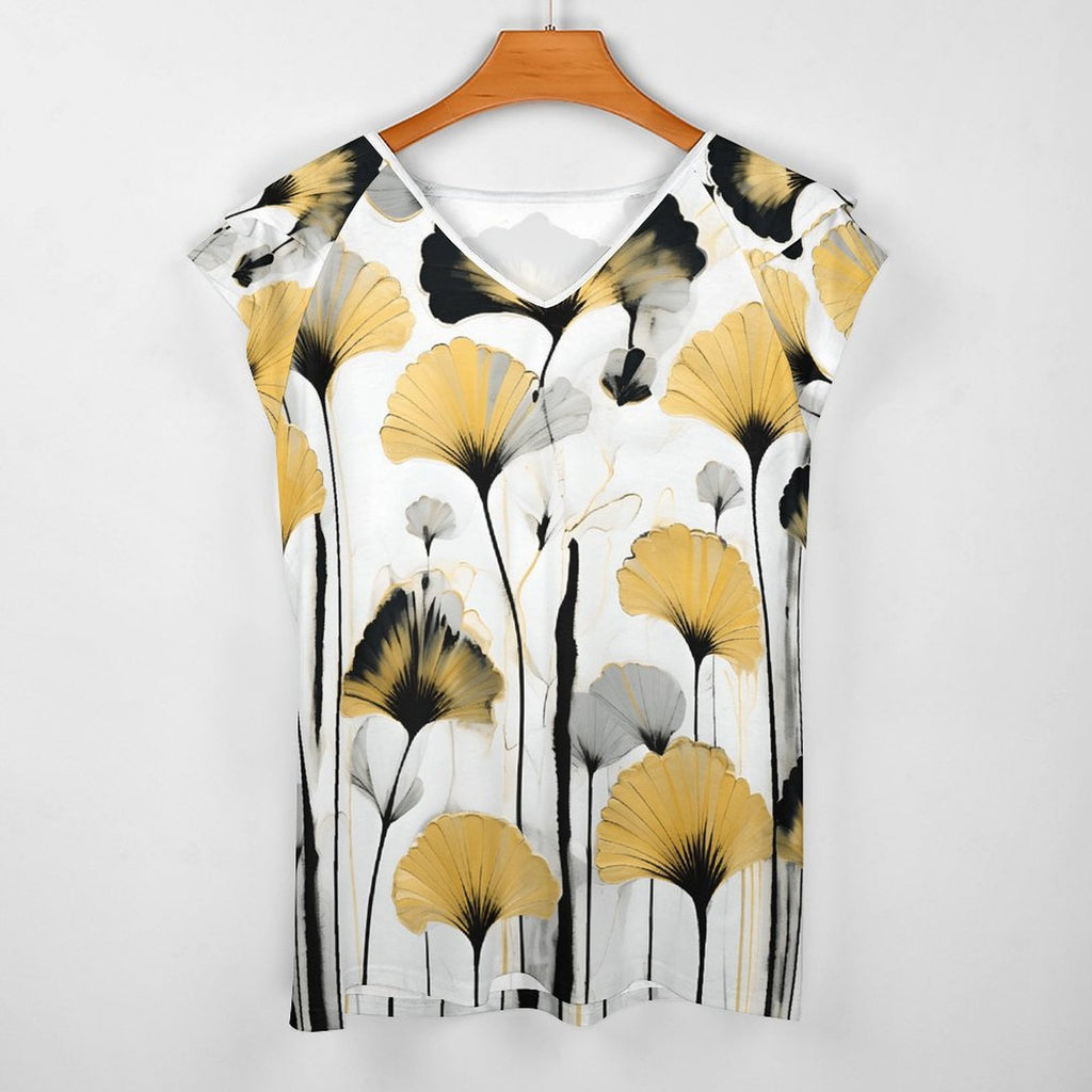 Golden Ginkgo Women's Ruffle Sleeve V-Neck T-Shirt