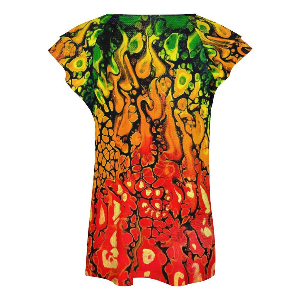 Fire Women's Ruffle Sleeve V-Neck T-Shirt