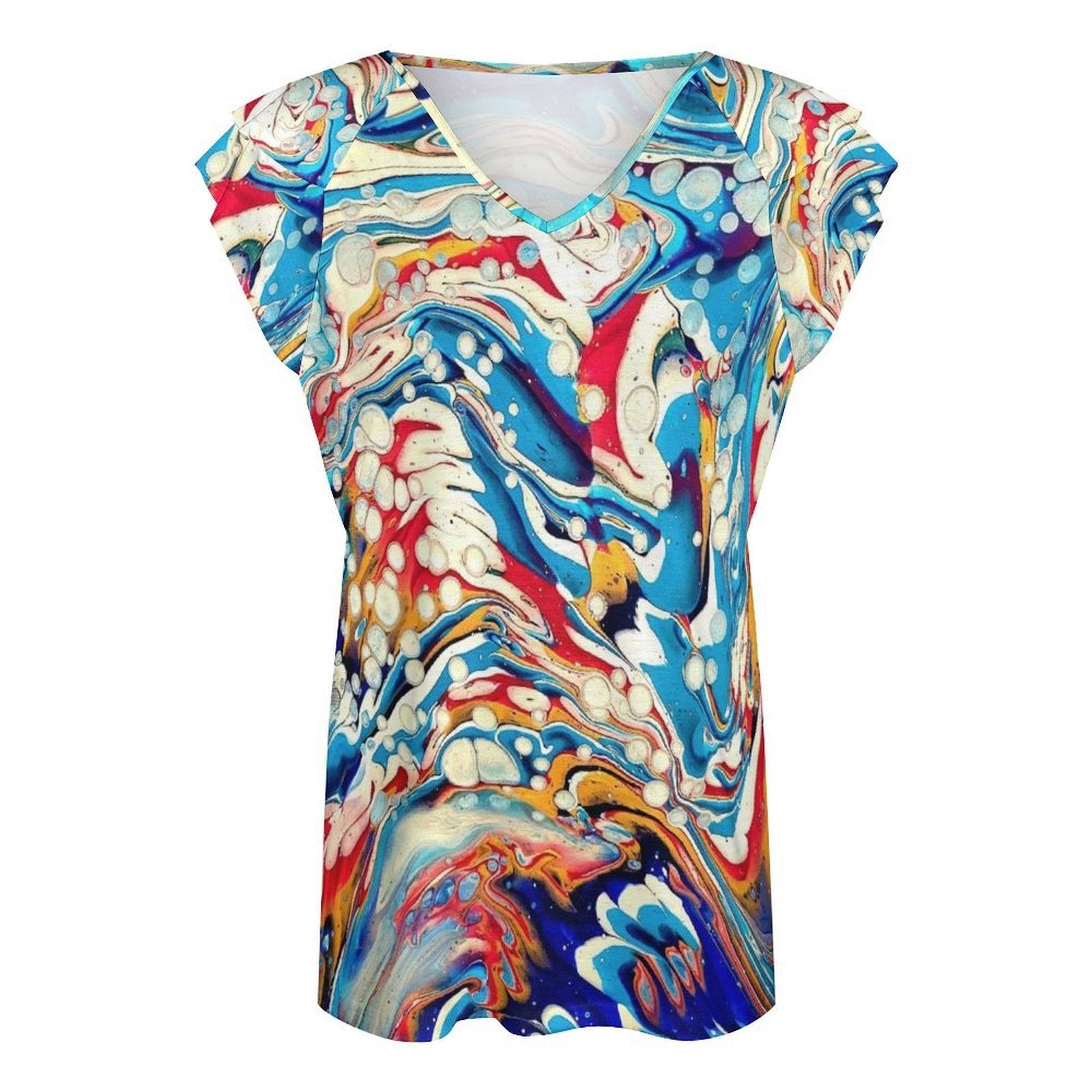 Color Me Happy Women's Ruffle Sleeve V-Neck T-Shirt