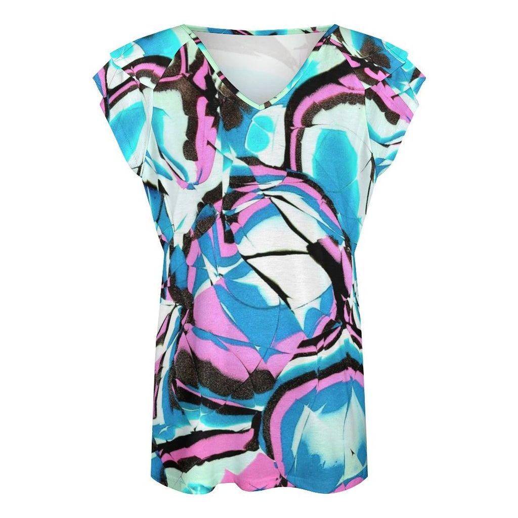 Glow Party Women's Ruffle Sleeve V-Neck T-Shirt