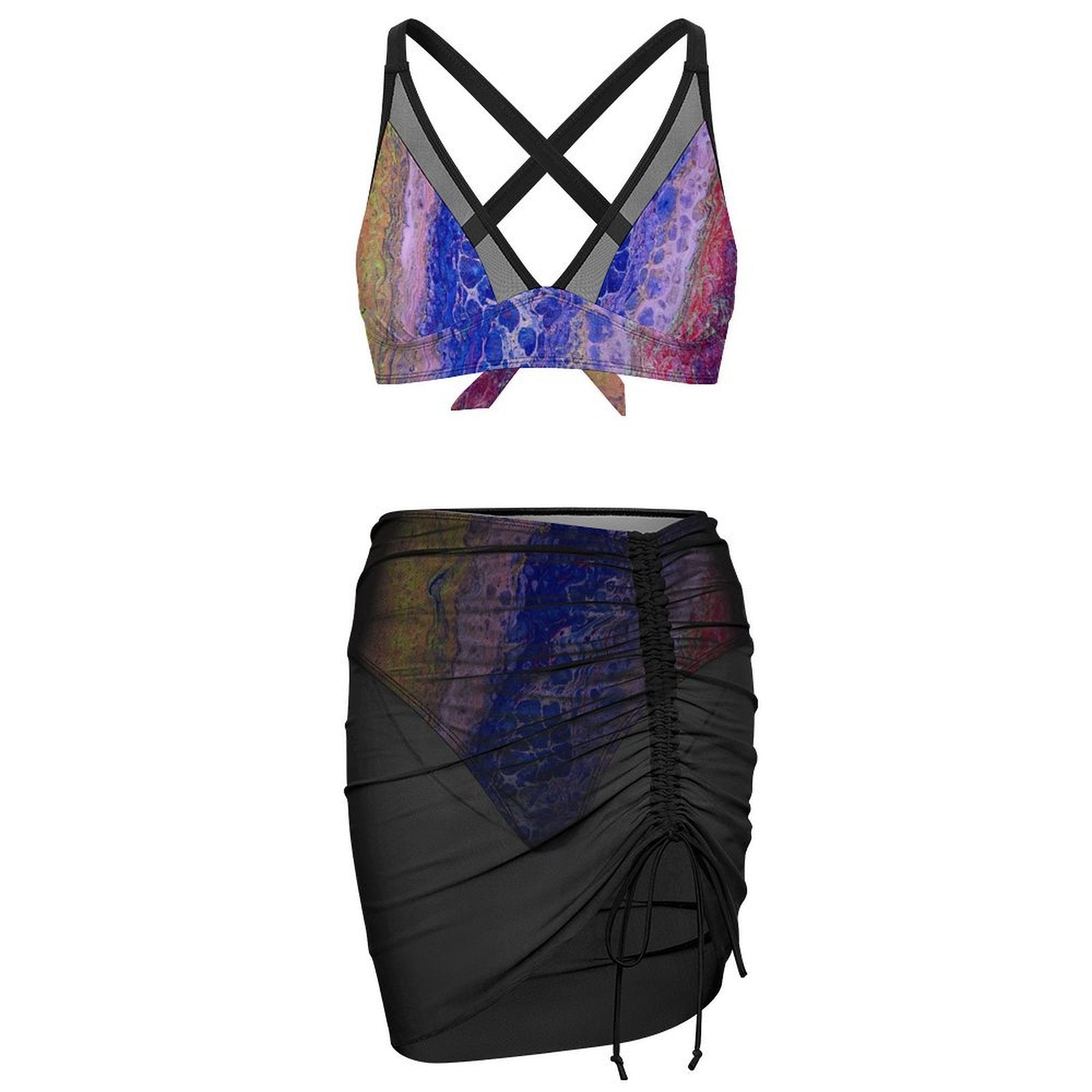 Tie-Dye Delight - Design Women's Mesh Drawstring Skirt and Swimsuit Set