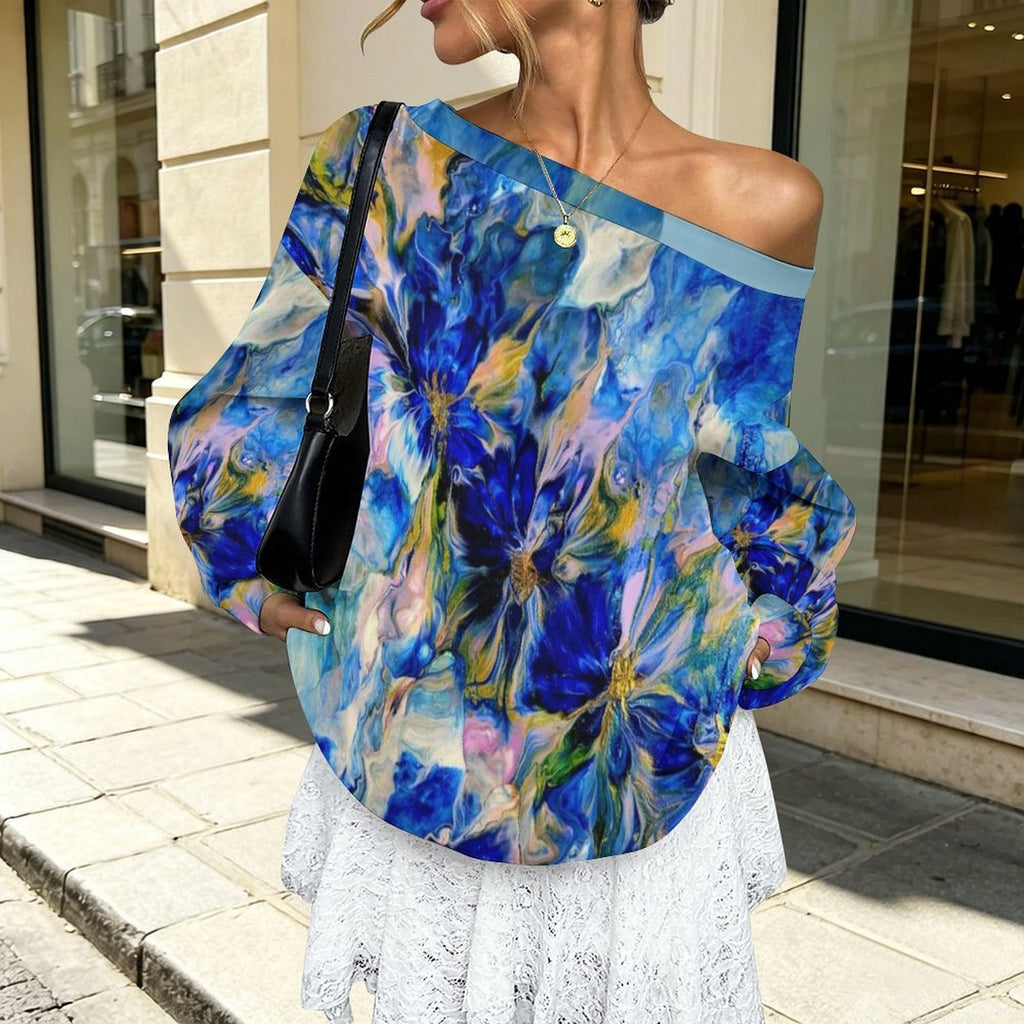 Royal Blue Garden Women's Off-shoulder Long Sleeve Sweatshirt