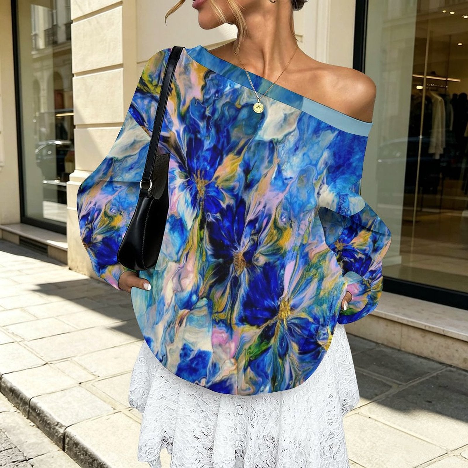 Royal Blue Garden Women's Off-shoulder Long Sleeve Sweatshirt