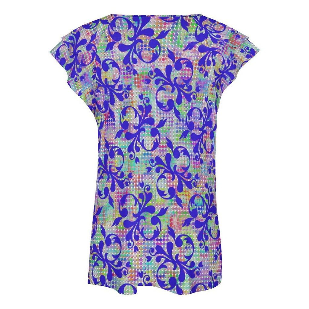 Fancy Filigree Women's Ruffle Sleeve V-Neck T-Shirt