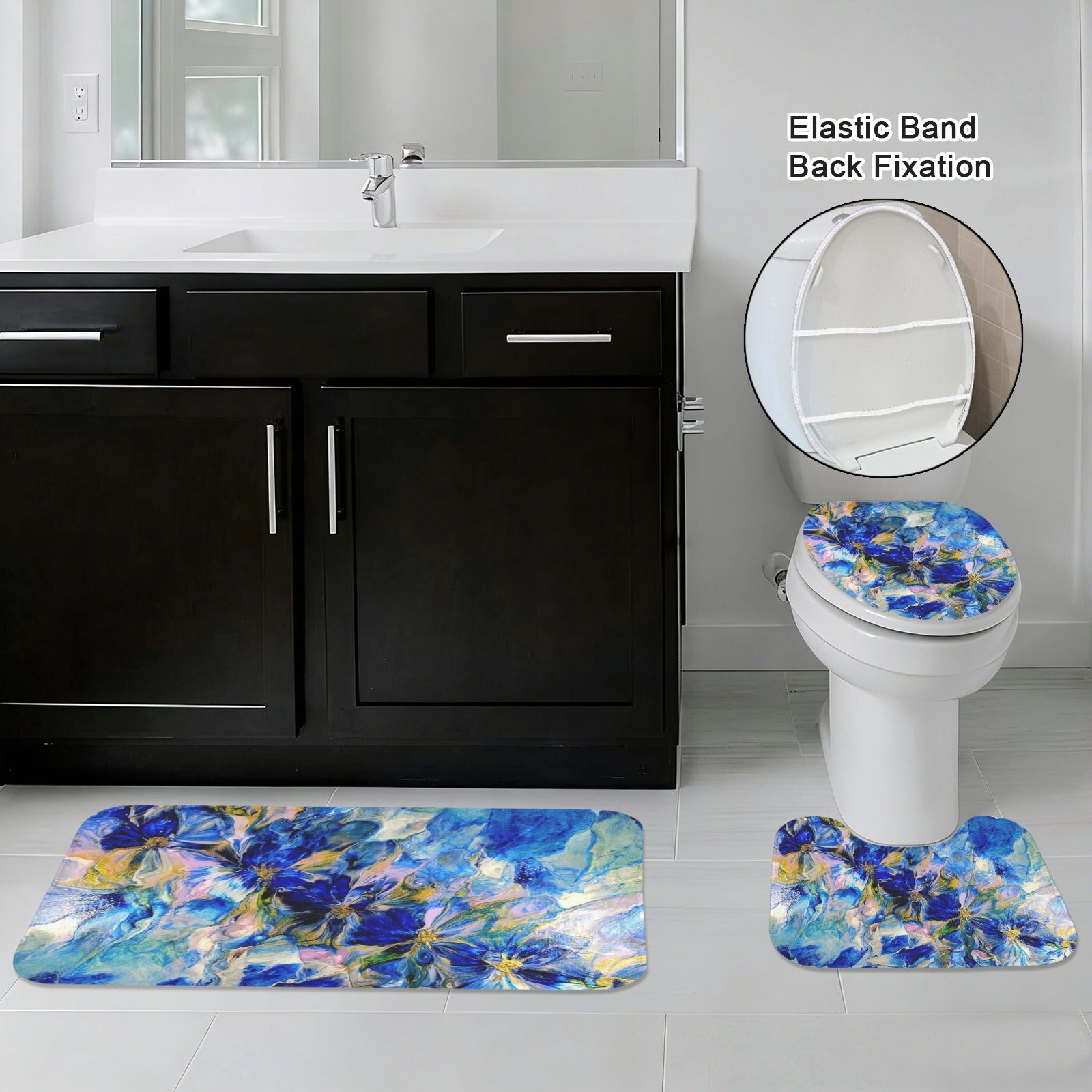 Royal Blue Garden 3-Piece Bathroom Rug Set
