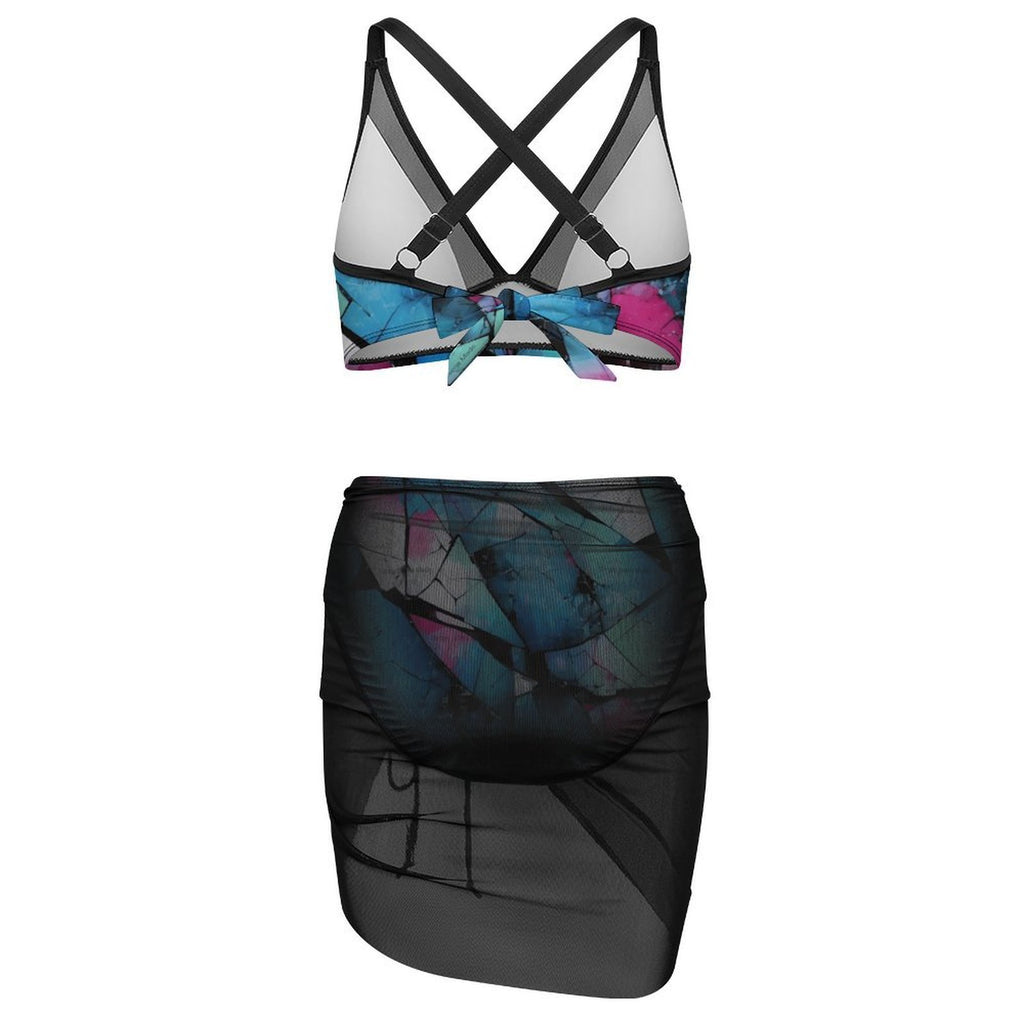 Mystical Mosaic Women's Mesh Drawstring Skirt and Swimsuit Set