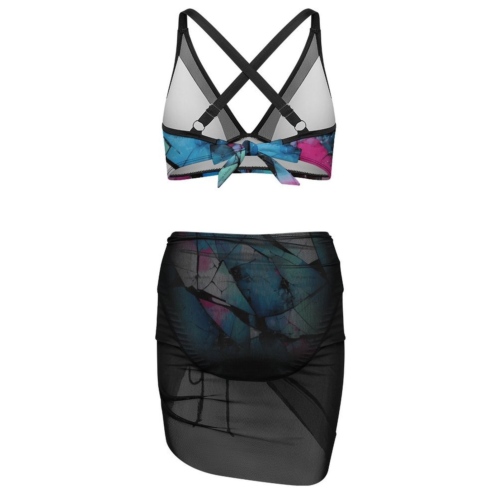 Mystical Mosaic Women's Mesh Drawstring Skirt and Swimsuit Set