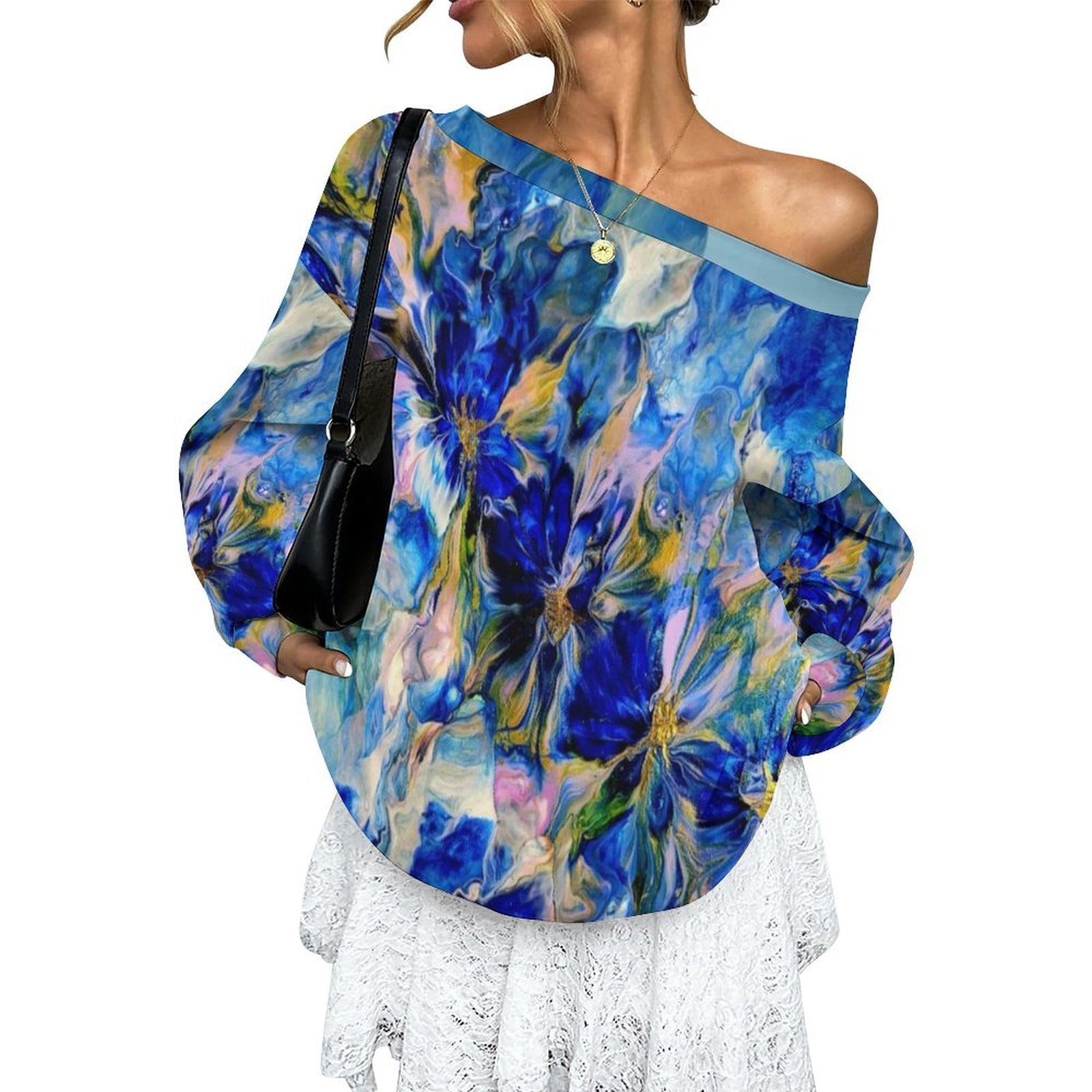 Royal Blue Garden Women's Off-shoulder Long Sleeve Sweatshirt