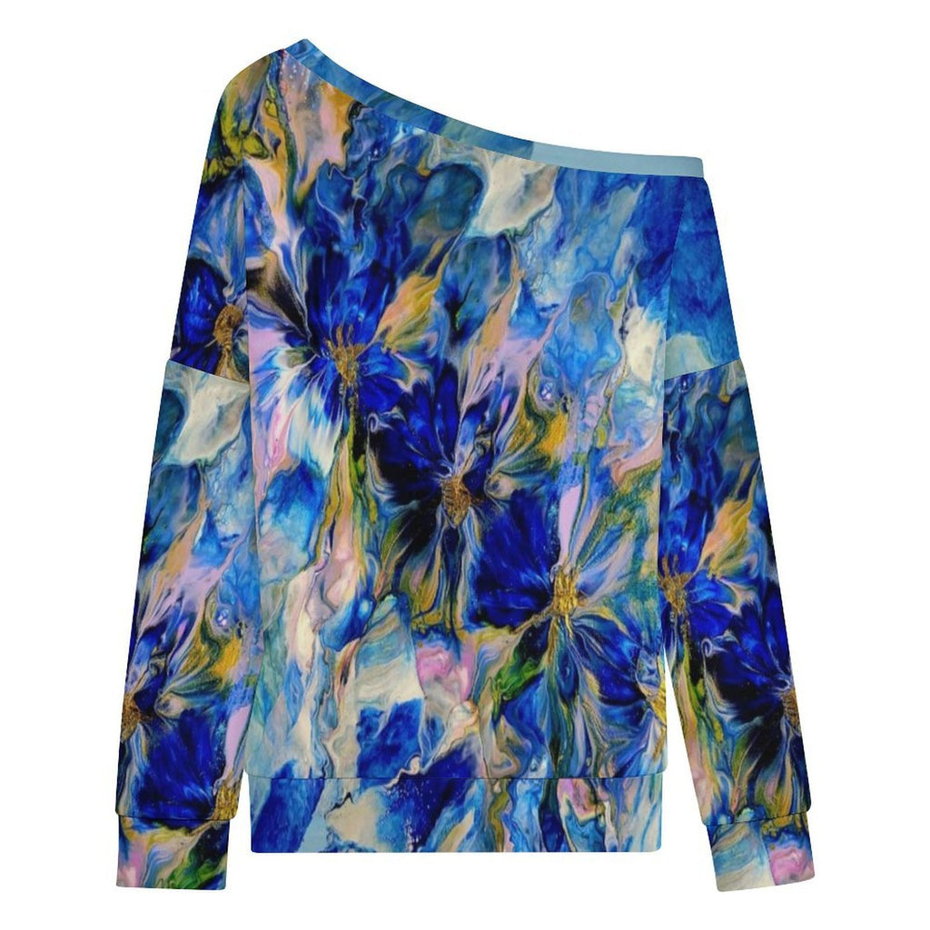 Royal Blue Garden Women's Off-shoulder Long Sleeve Sweatshirt